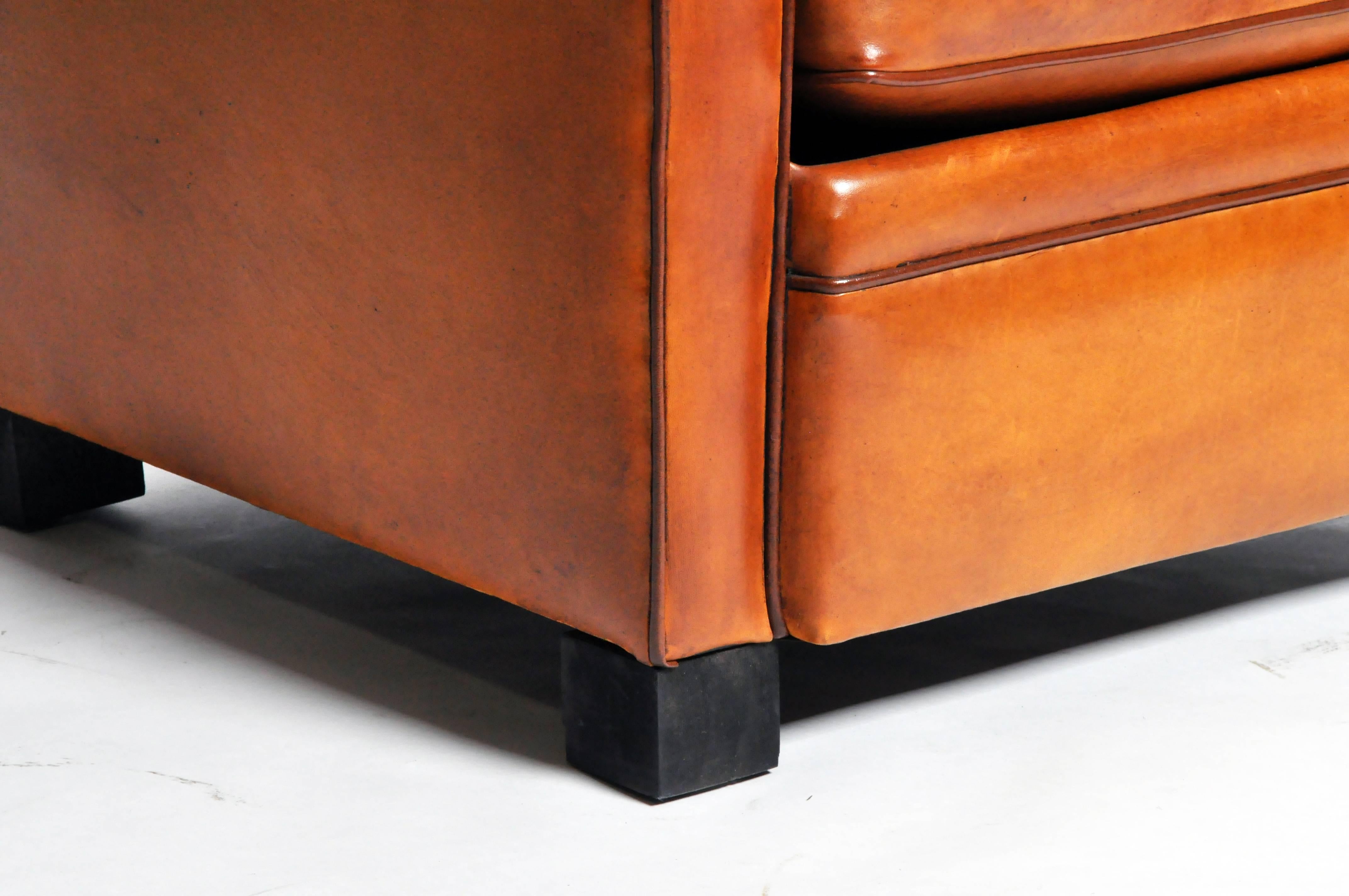 Pair of Parisian Golden Brown Leather Club Chairs with Dark Brown Piping 4