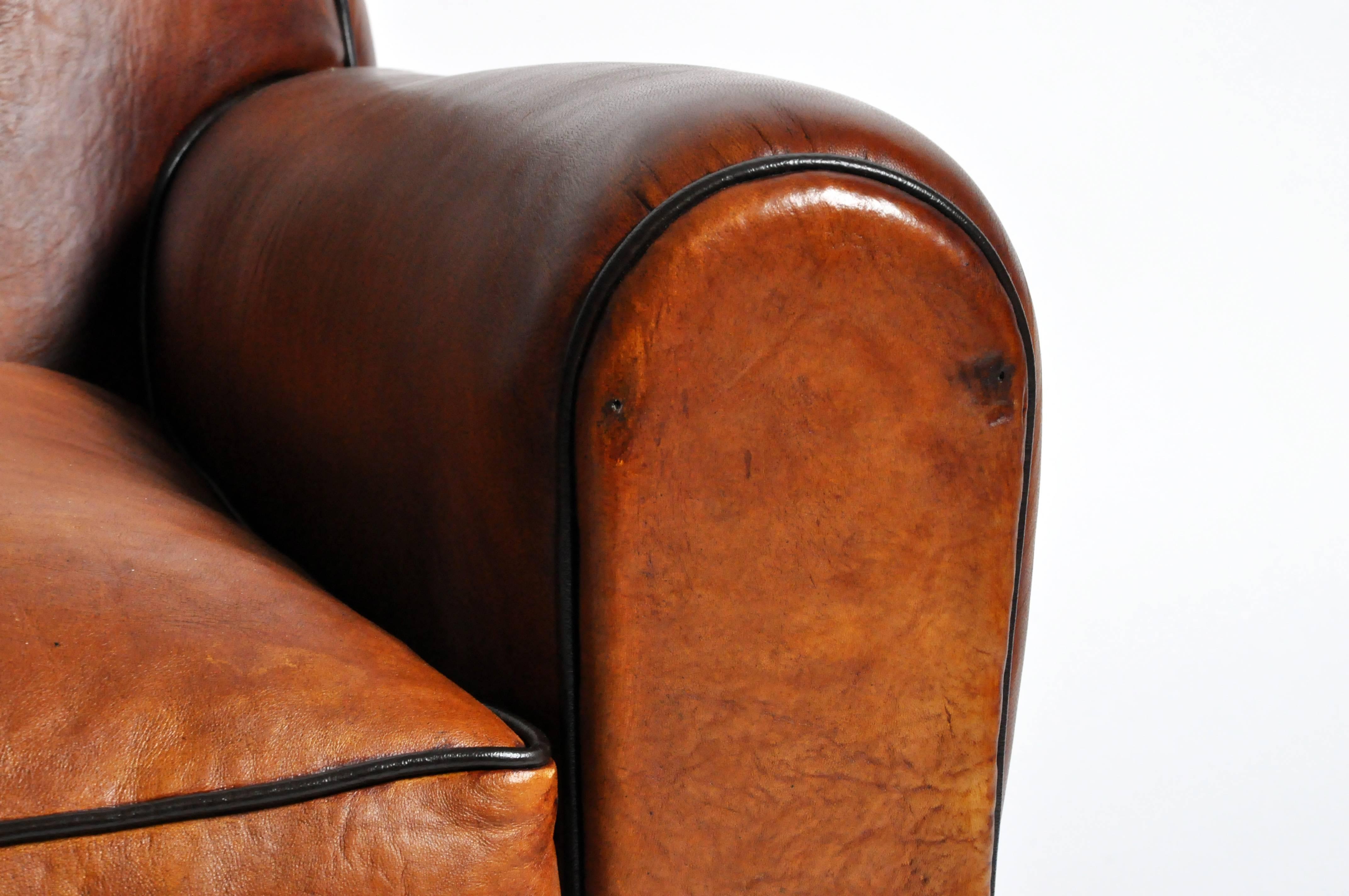 Pair of Parisian Light Brown Club Chairs with Dark Piping 2