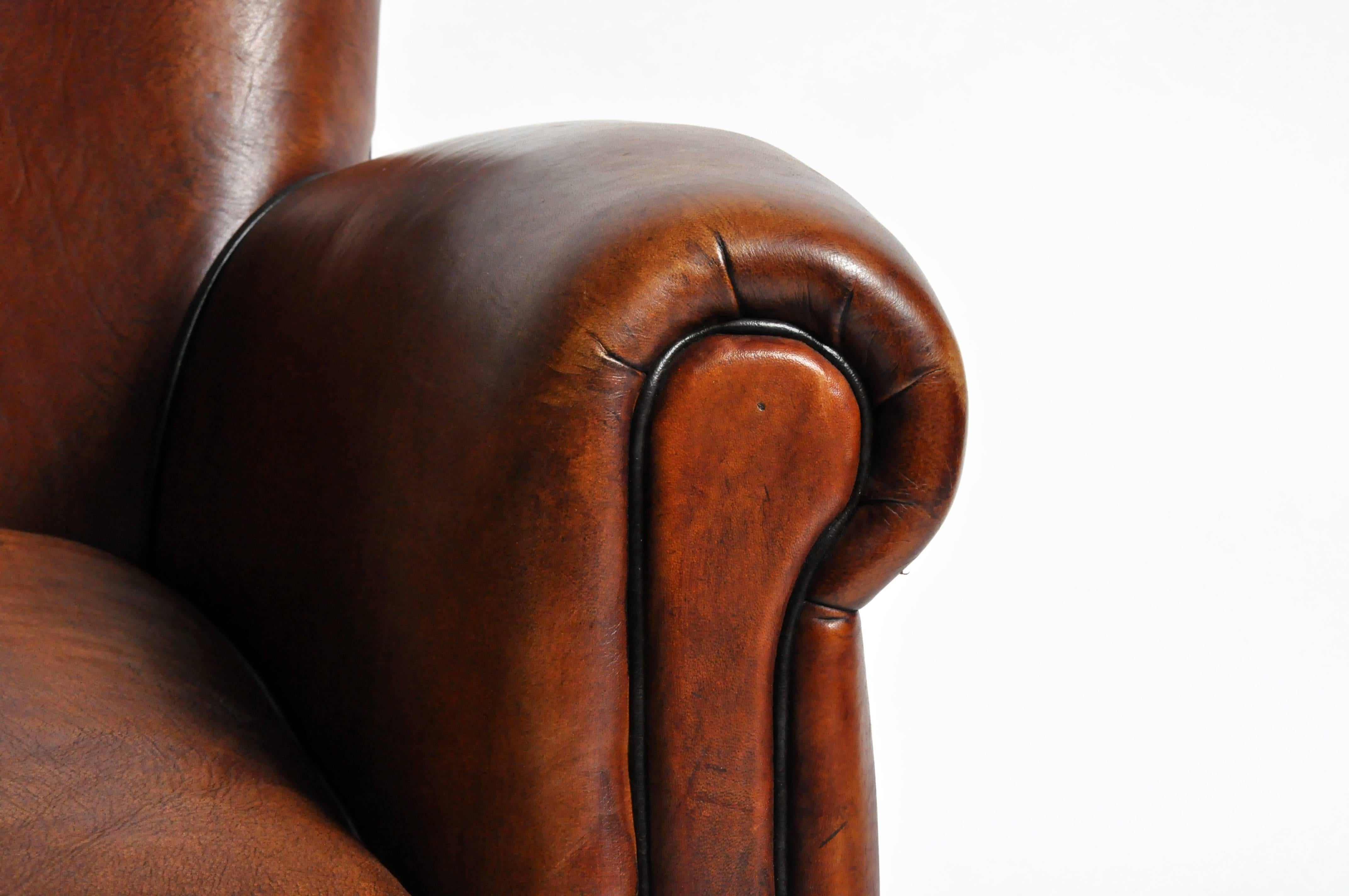 Pair of Parisian Dark Brown Leather Club Chairs with Dark Brown Piping 5