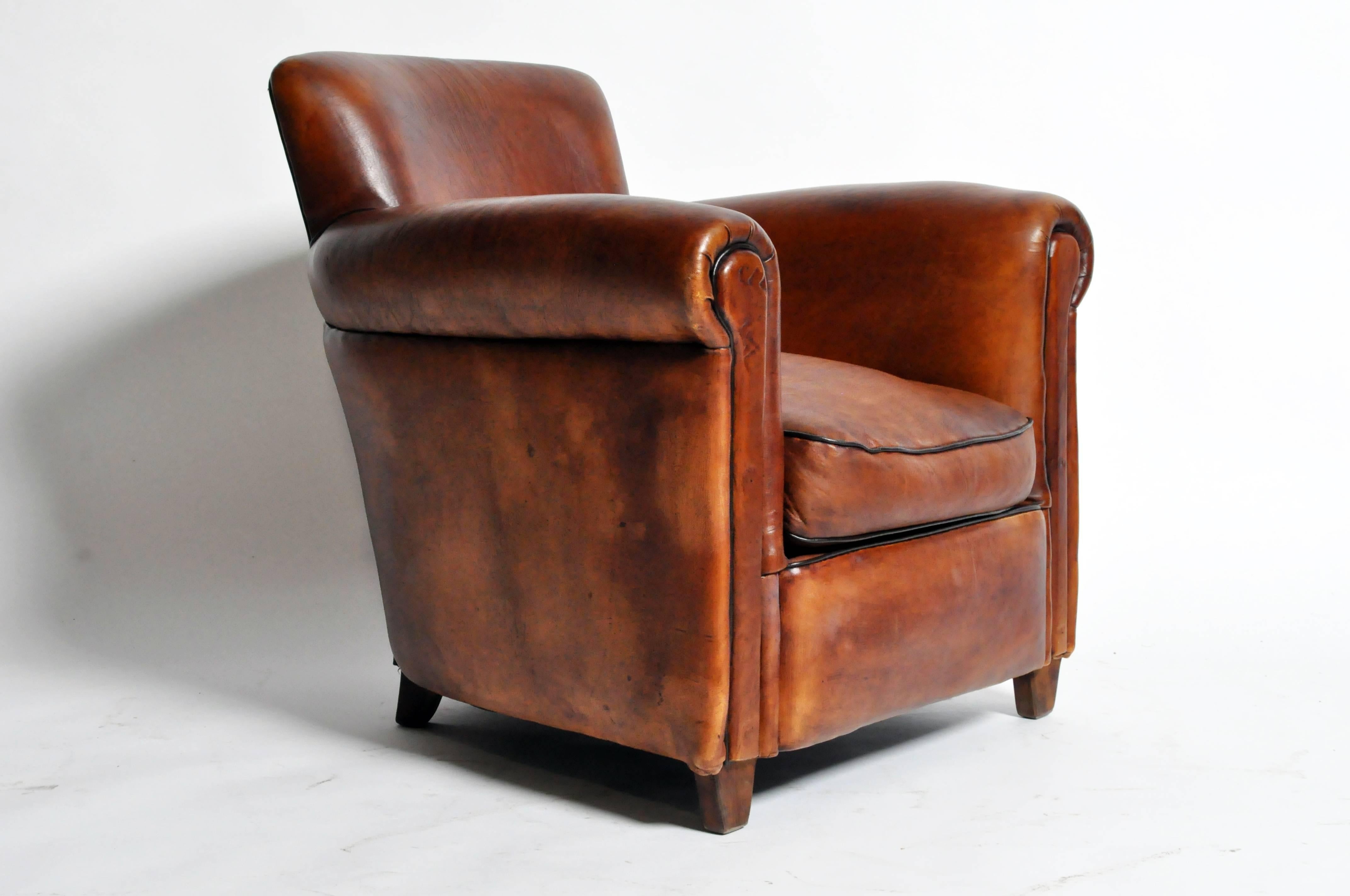 French Pair of Parisian Dark Brown Leather Club Chairs with Dark Brown Piping