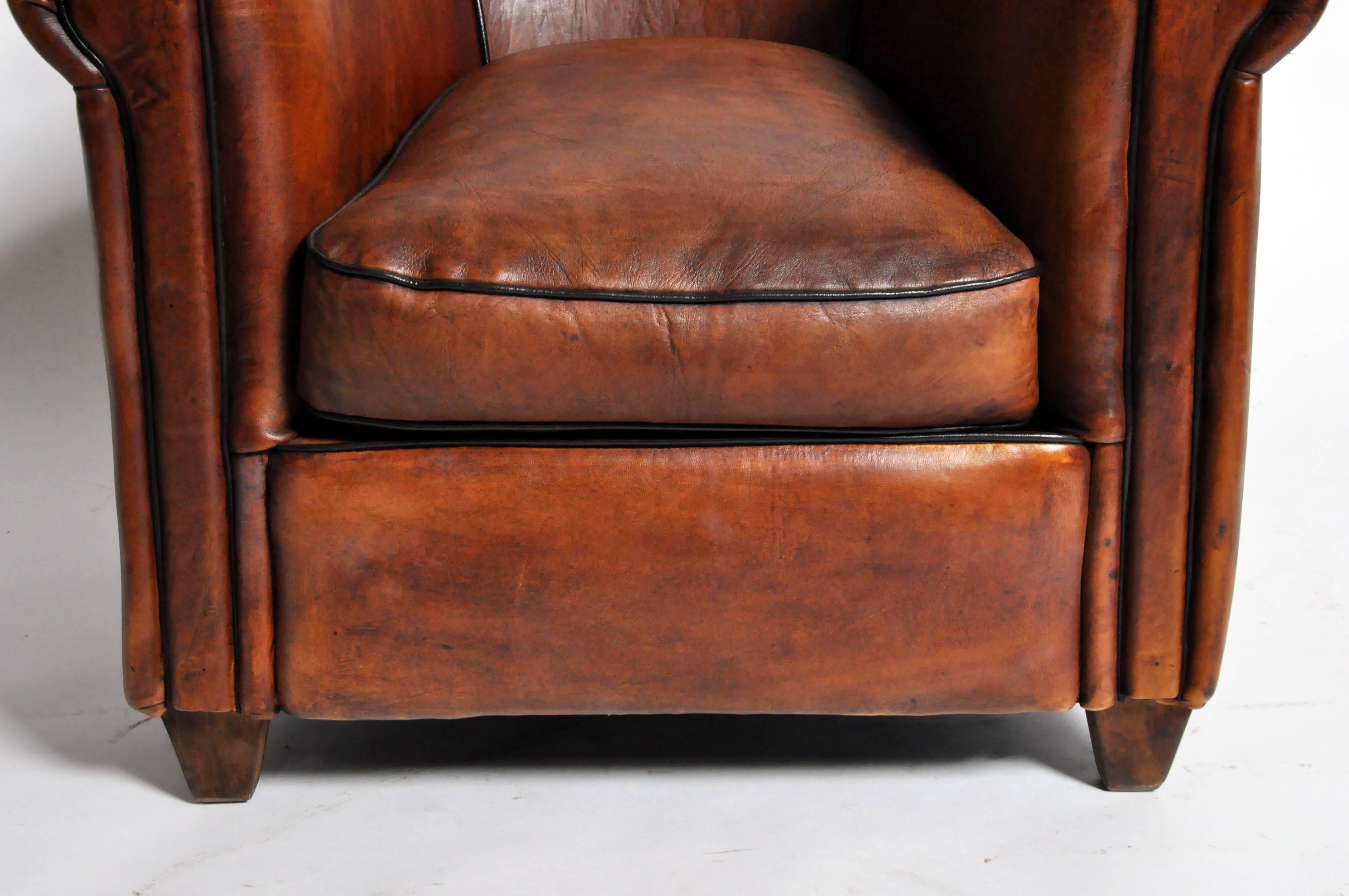 Pair of Parisian Dark Brown Leather Club Chairs with Dark Brown Piping 3