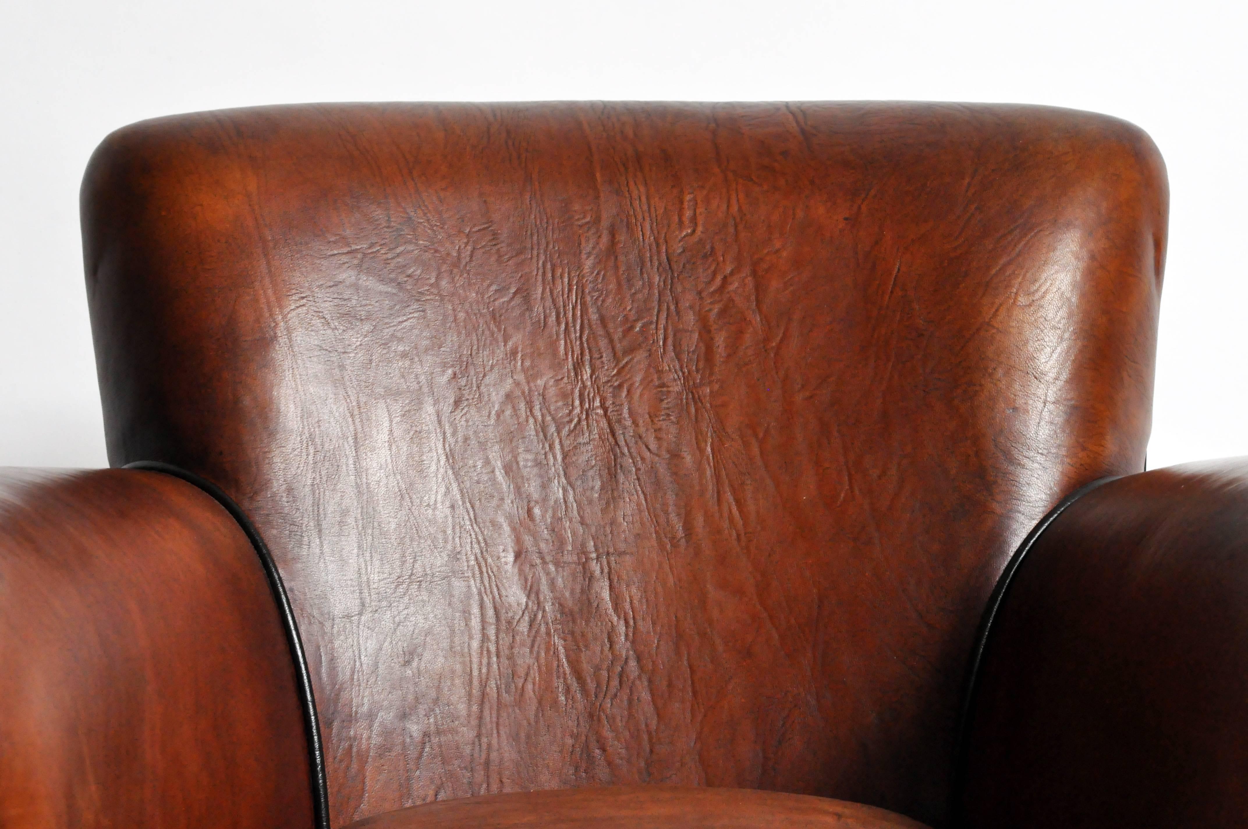 Pair of Parisian Dark Brown Leather Club Chairs with Dark Brown Piping 2