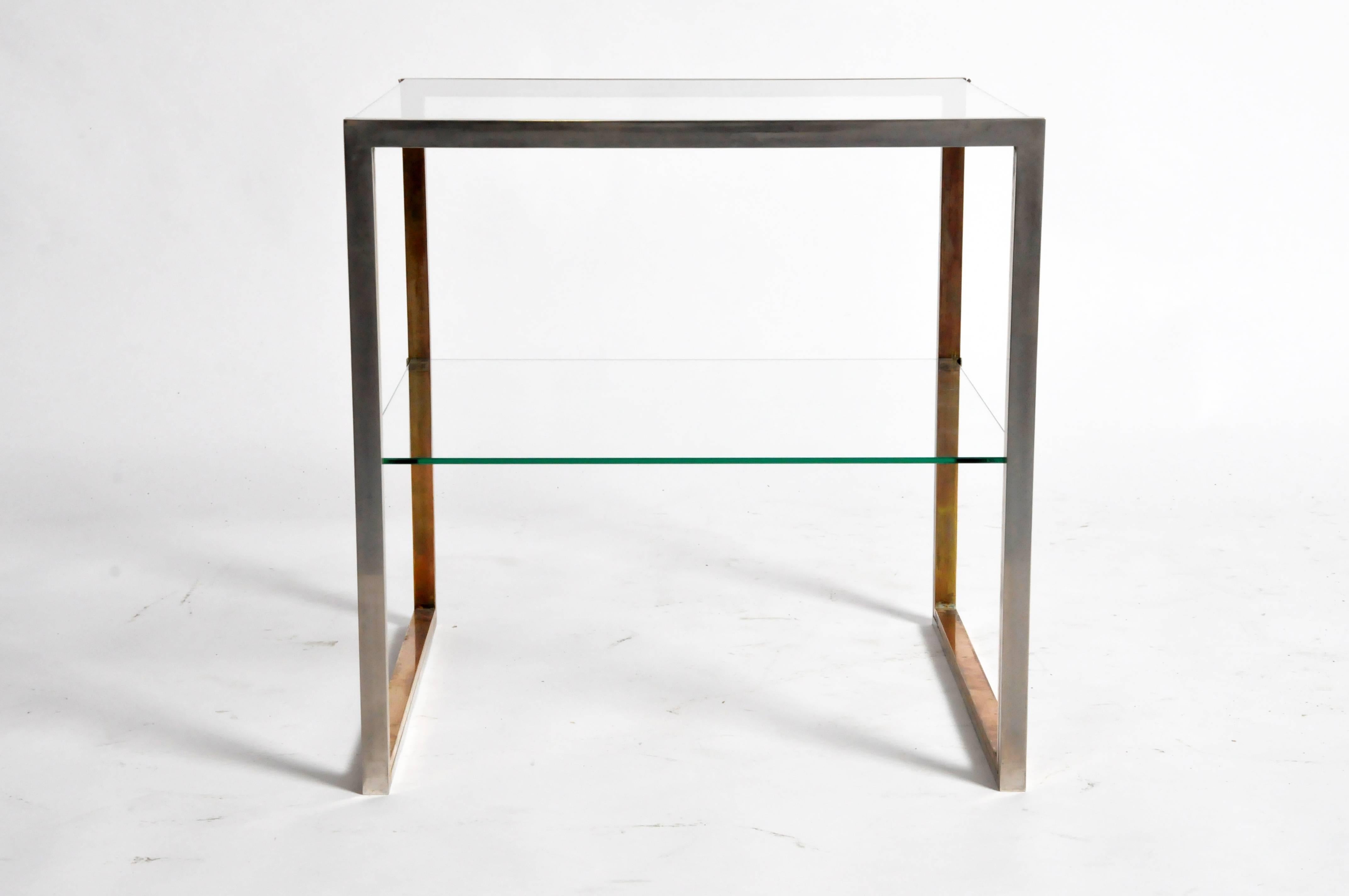 Pair of Brass and Chrome French Side Tables with Glass Shelves In Good Condition In Chicago, IL
