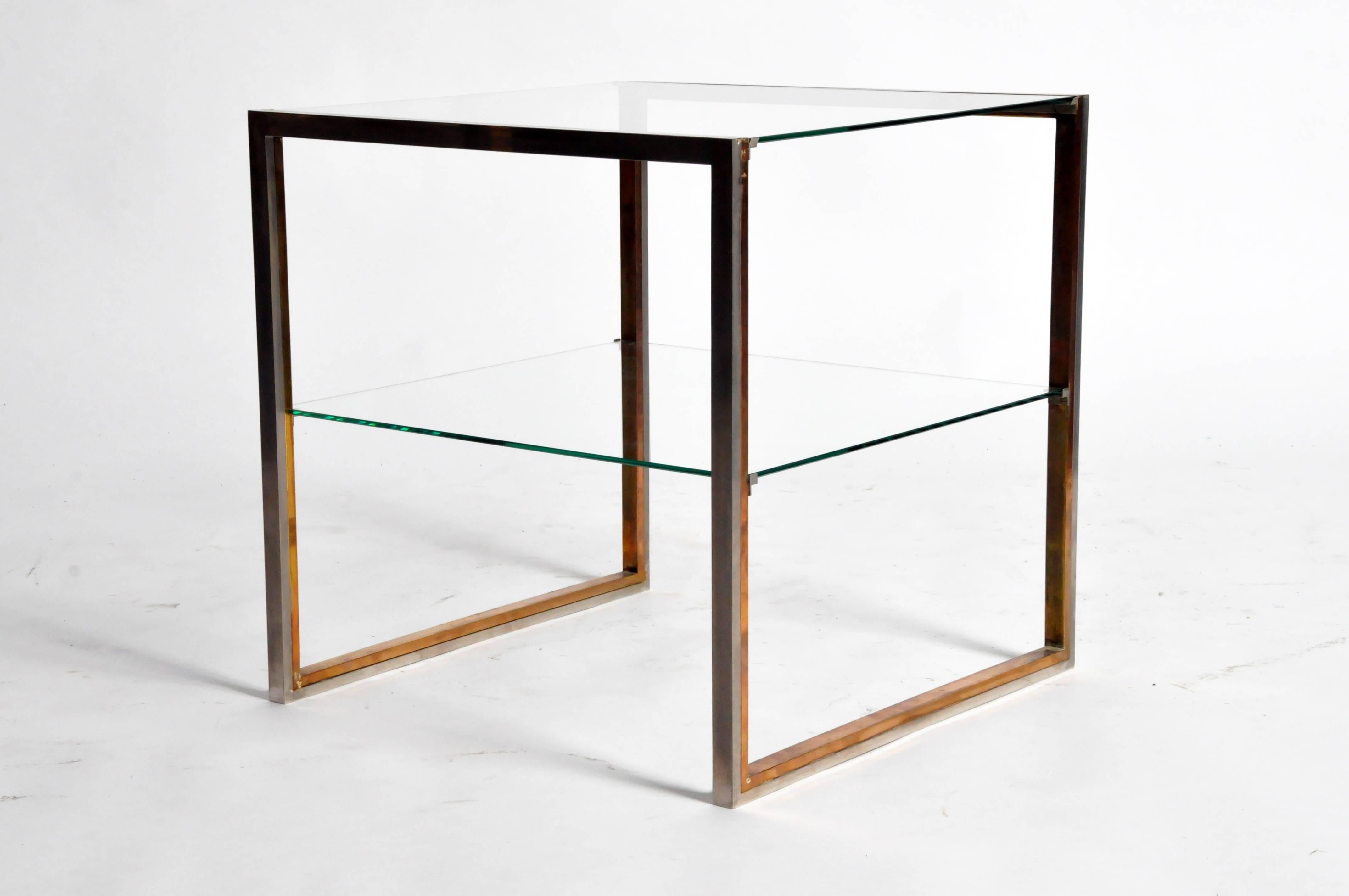 Pair of Brass and Chrome French Side Tables with Glass Shelves 1
