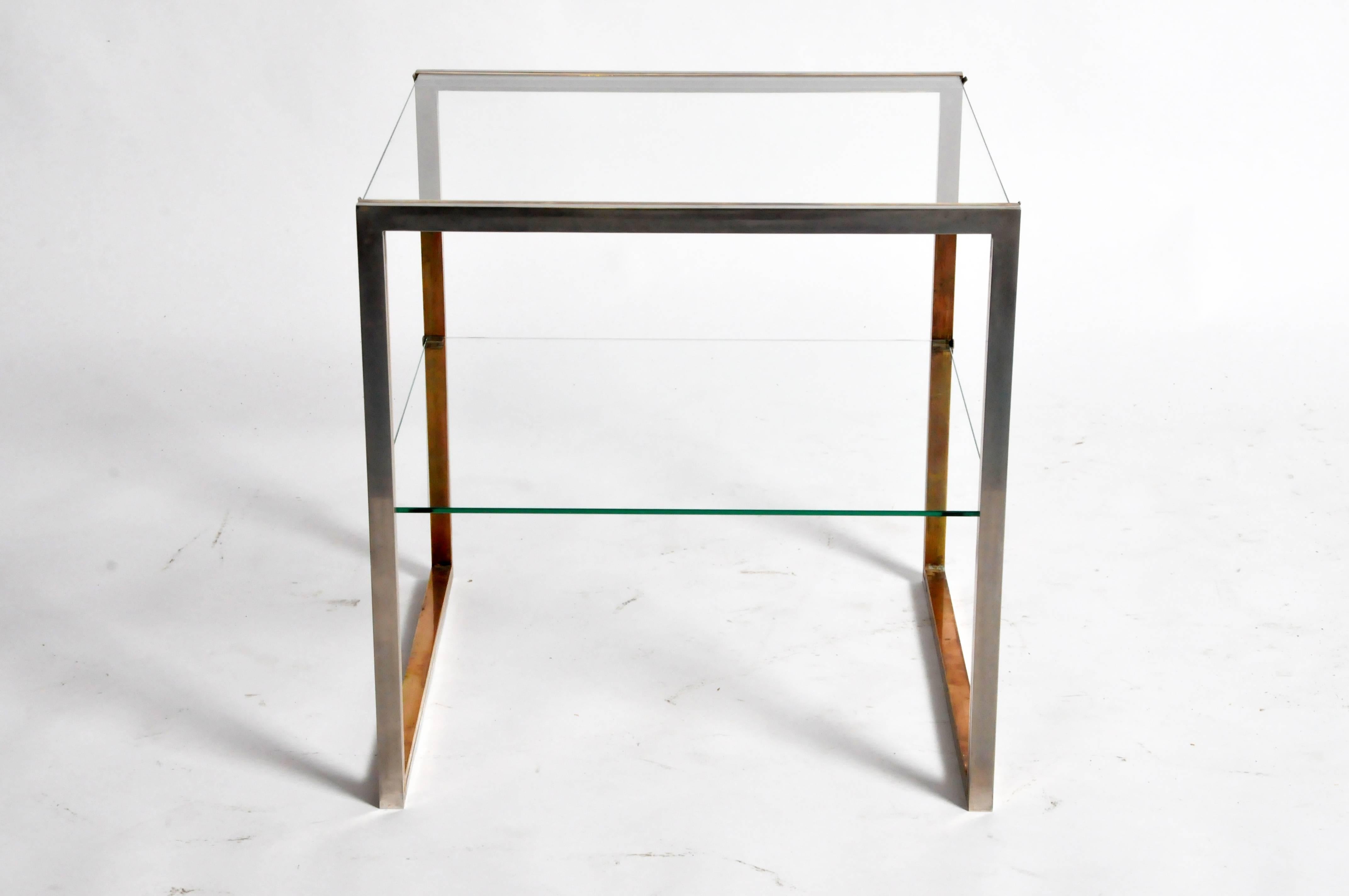 Late 20th Century Pair of Brass and Chrome French Side Tables with Glass Shelves