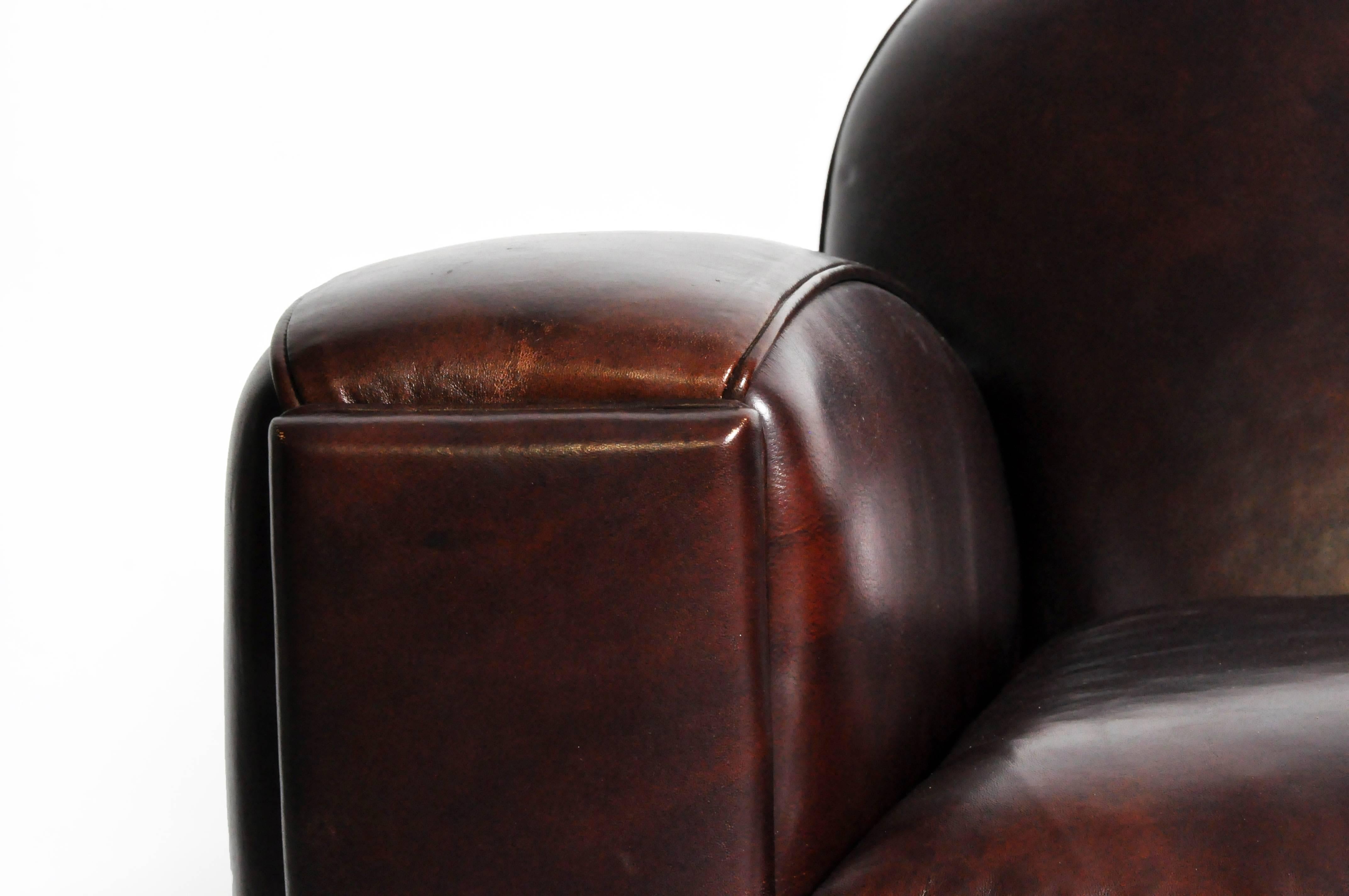 Contemporary Pair of Parisian Low-Back Maroon Leather Club Chairs 