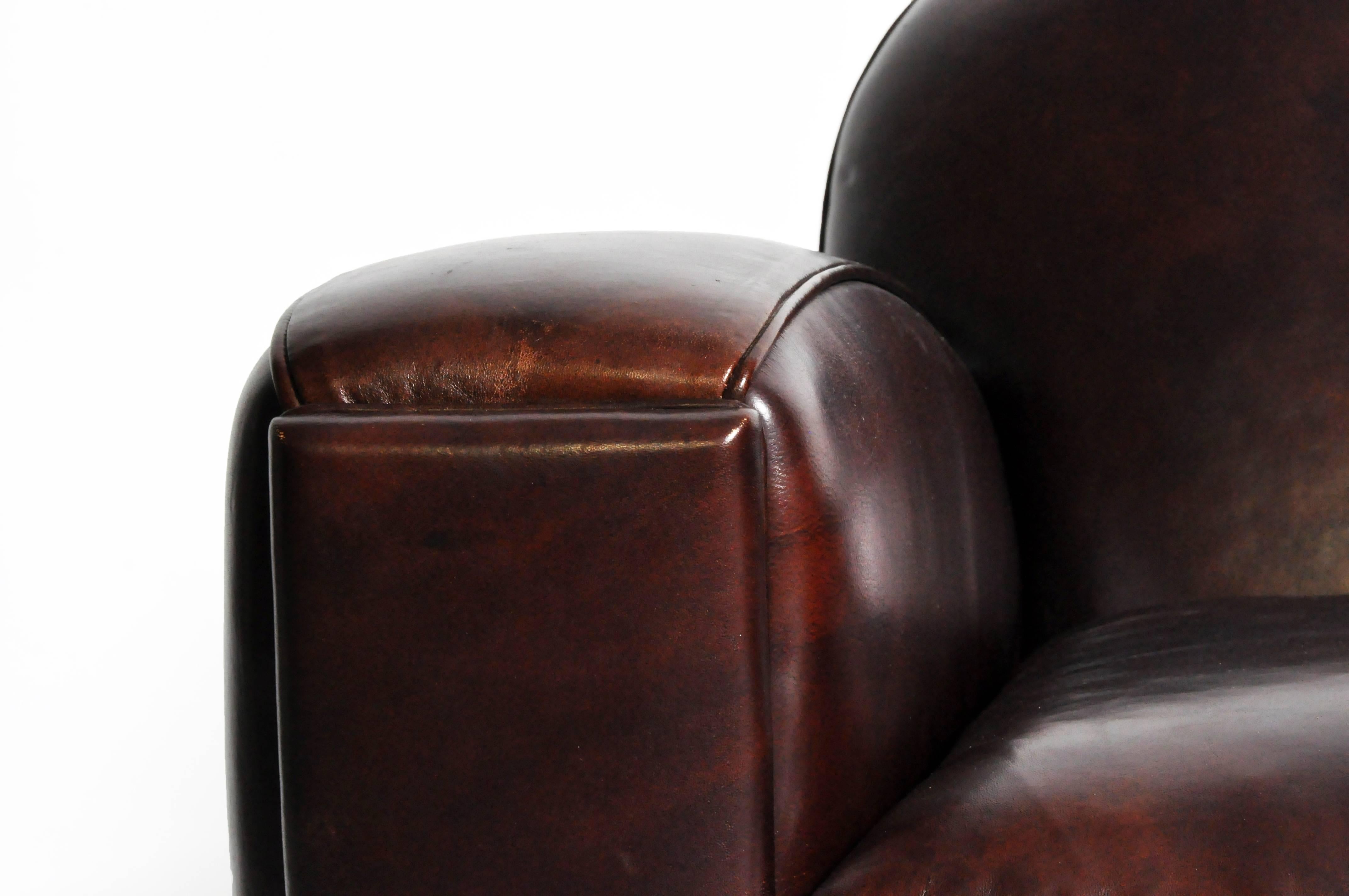 Contemporary Pair of Parisian Low-Back Maroon Leather Club Chairs