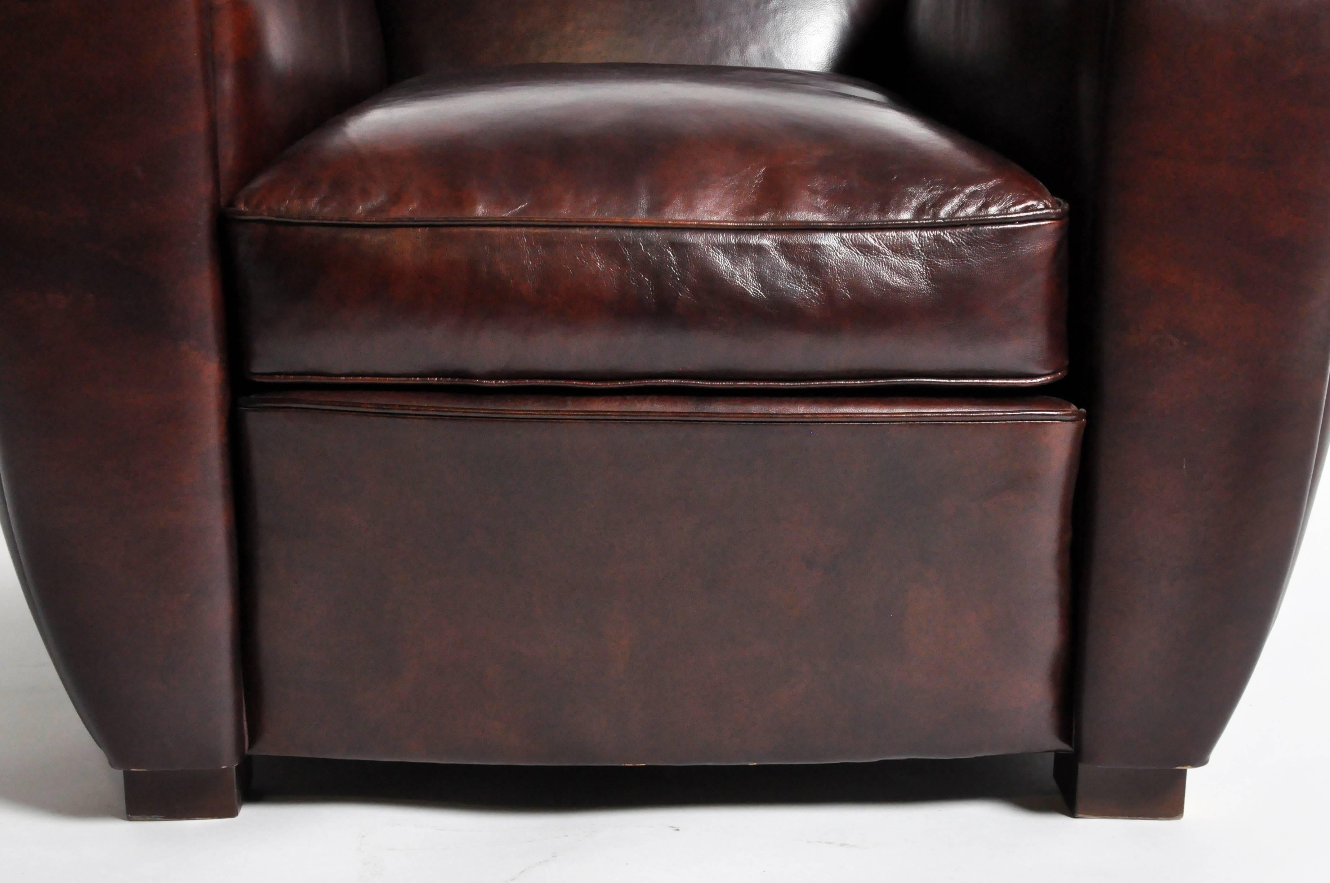 Pair of Parisian Low-Back Maroon Leather Club Chairs  In Good Condition In Chicago, IL