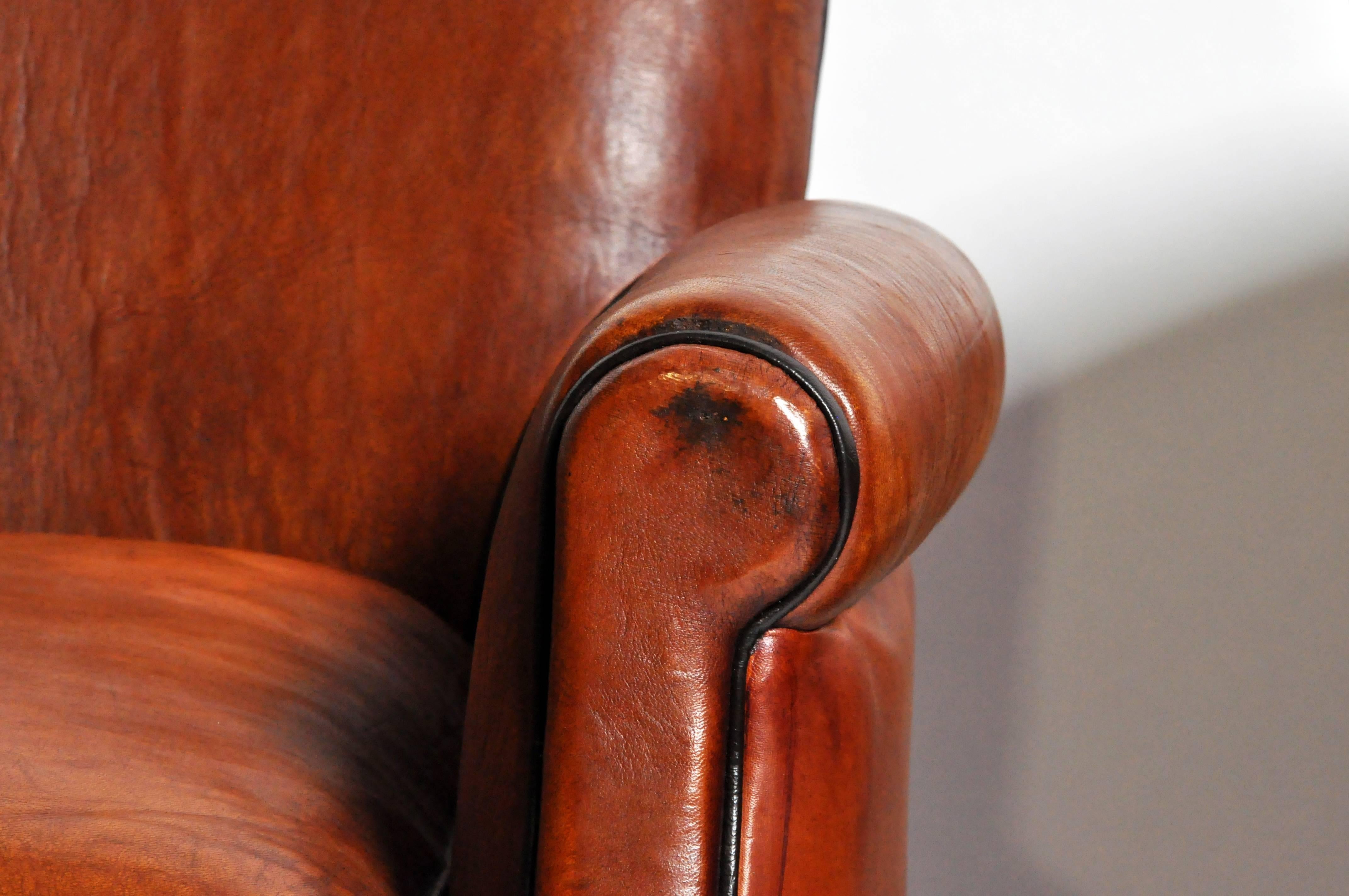 Pair of Parisian Brown Leather Club Chairs with Dark Brown Piping 2