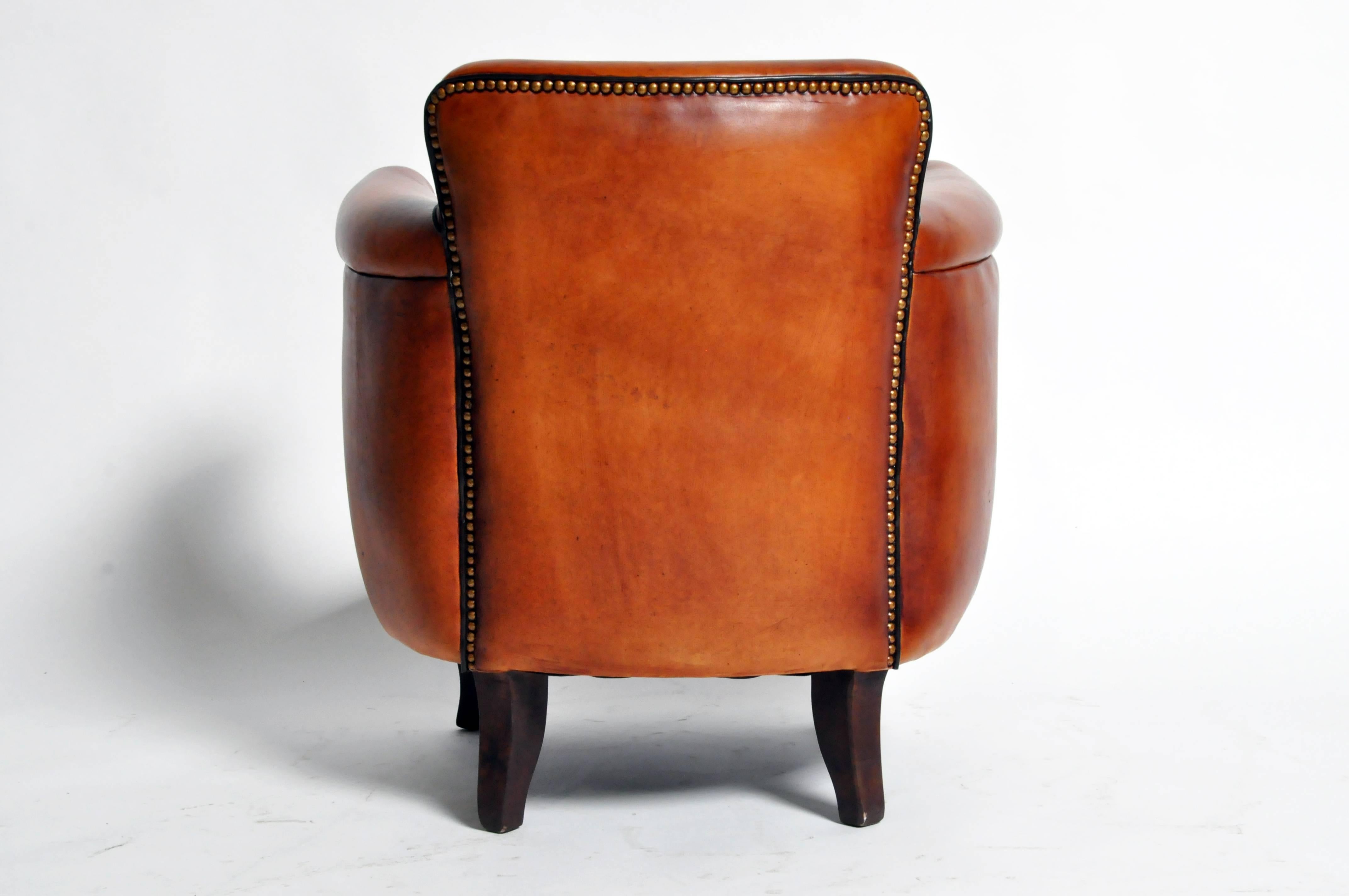 French Parisian Tulip Leather Club Chair with Dark Piping