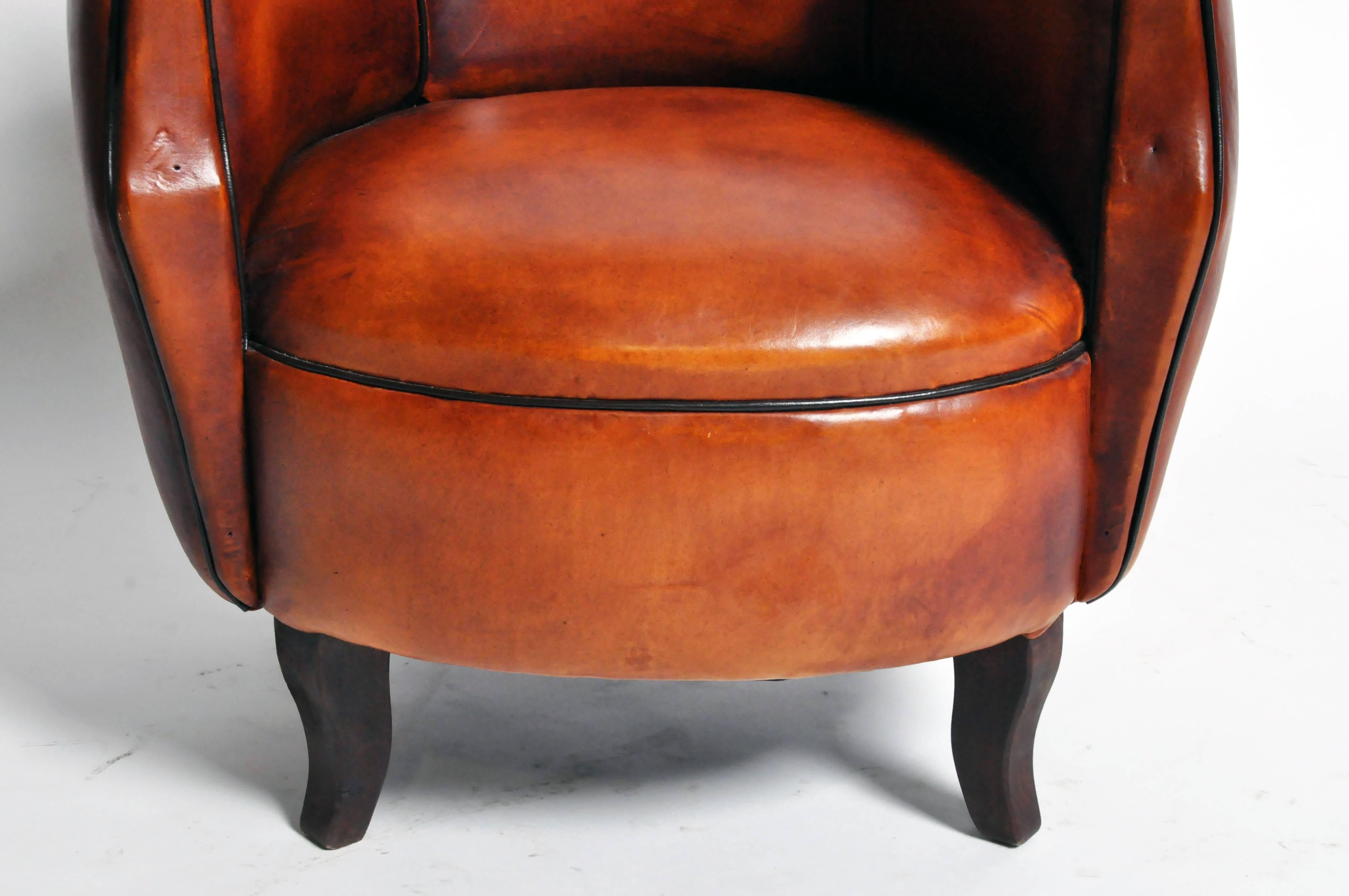 Contemporary Parisian Tulip Leather Club Chair with Dark Piping