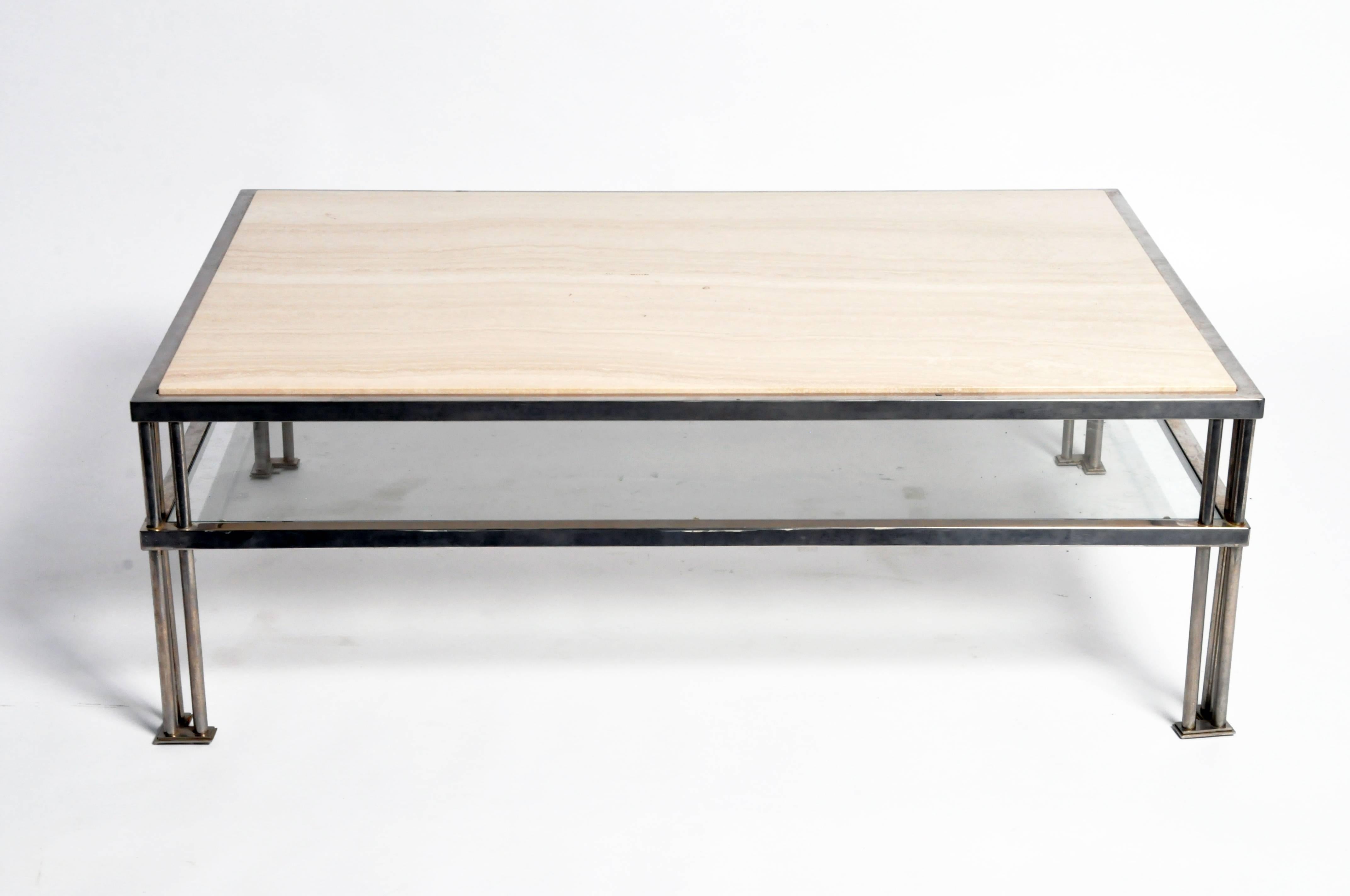 French Mid-Century Modern Travertine Coffee Table