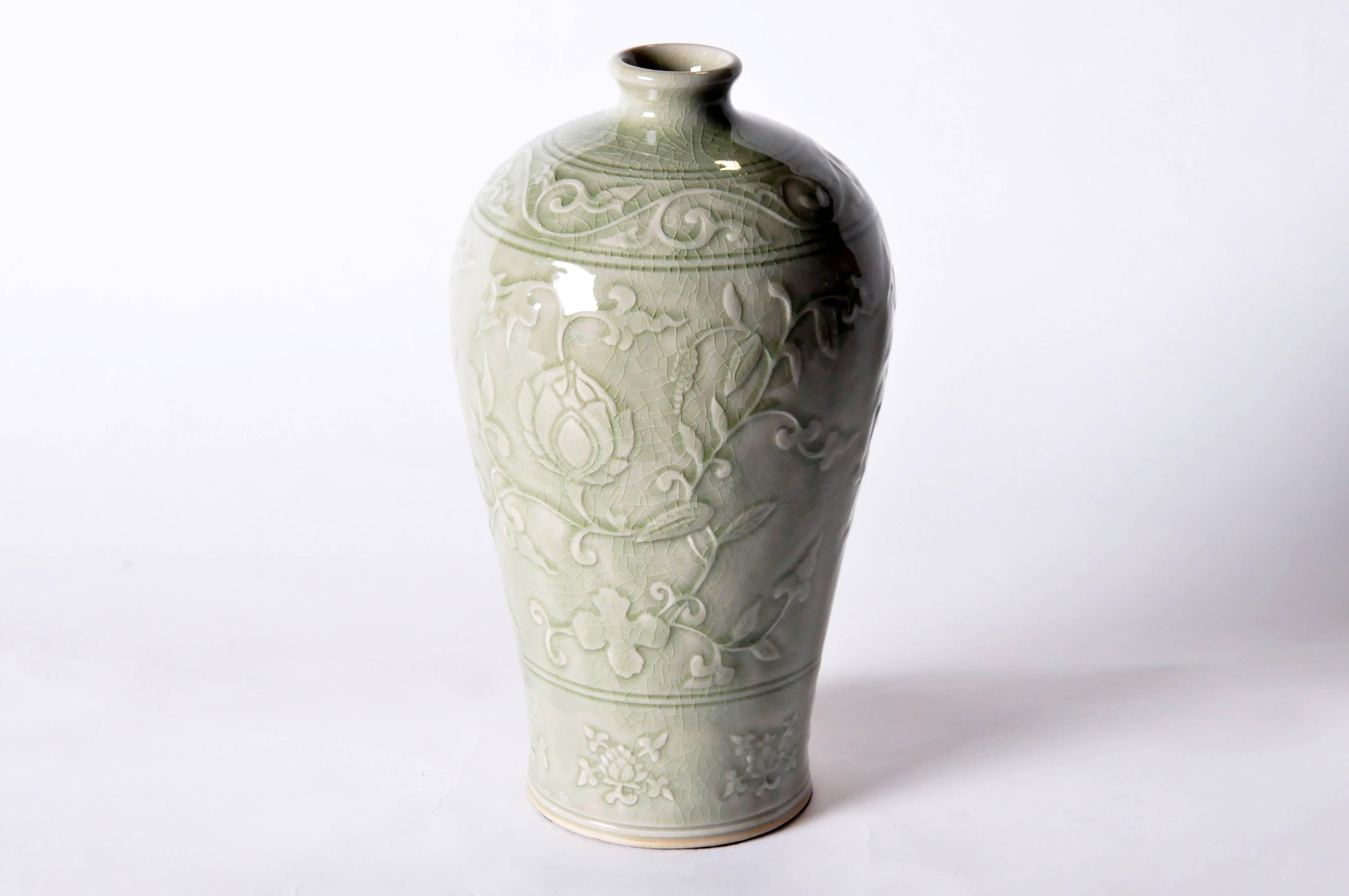 Thai Carved Celadon Meiping Vase