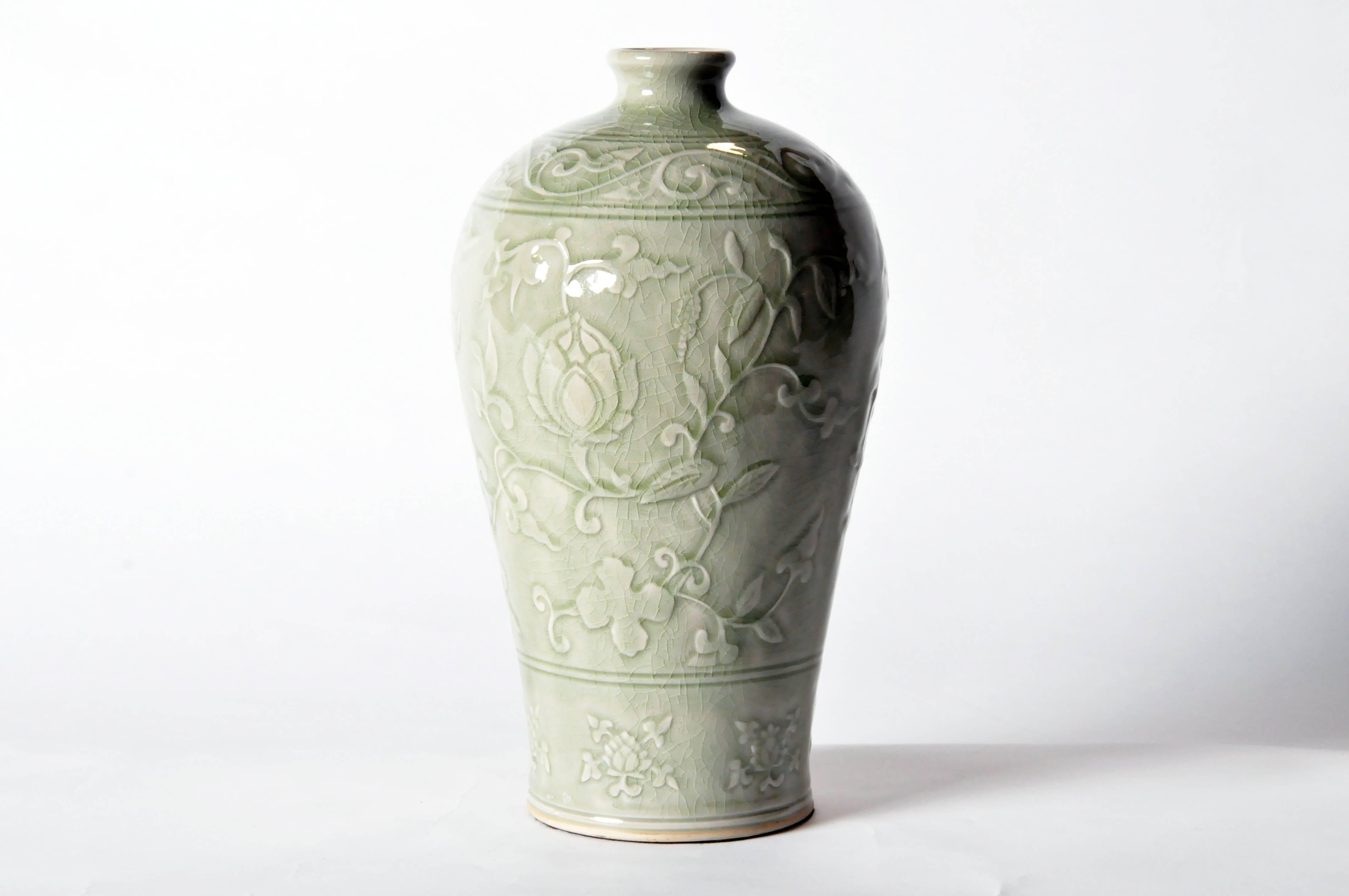 Glazed Carved Celadon Meiping Vase