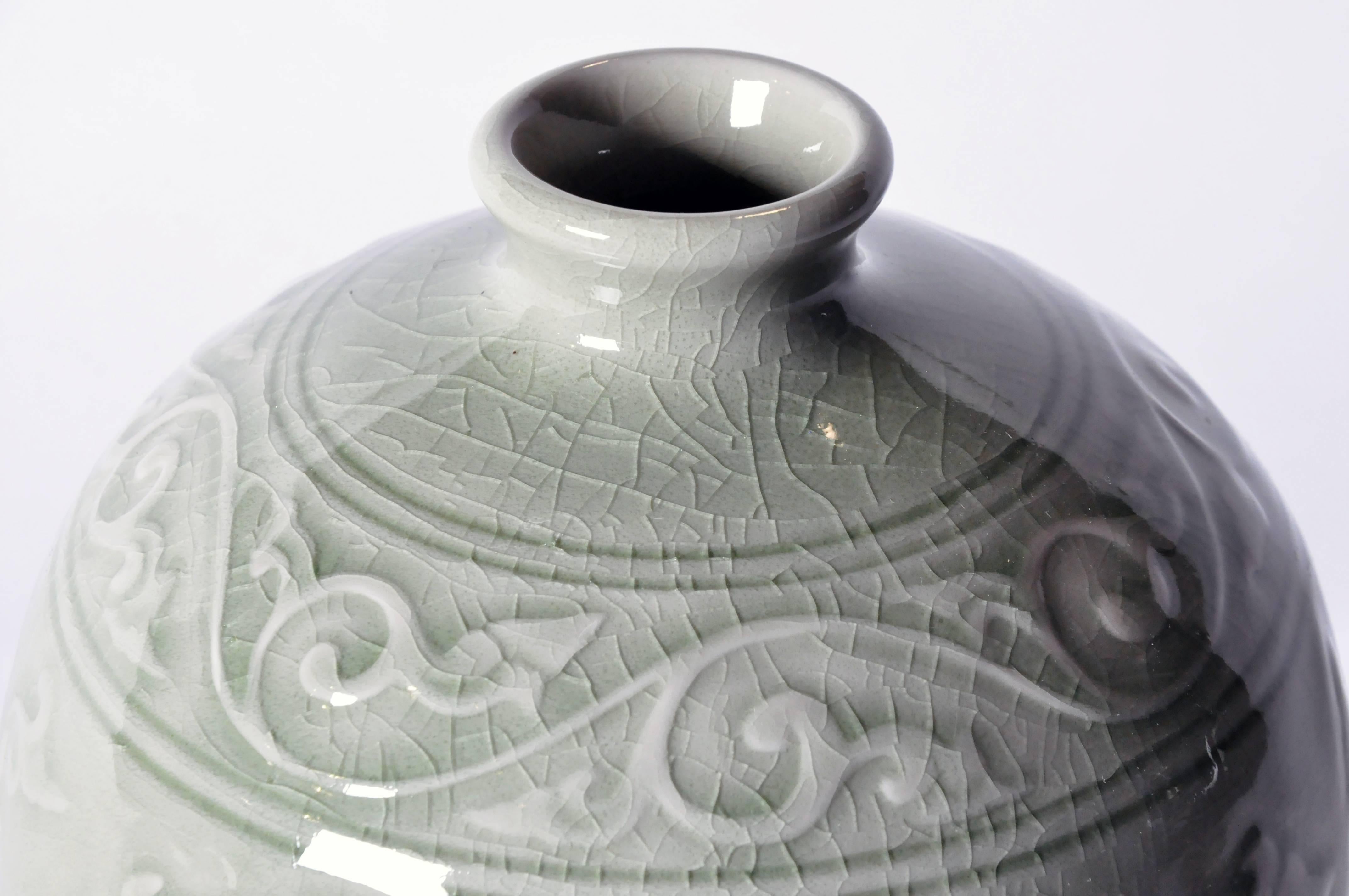 Carved Celadon Meiping Vase In Excellent Condition In Chicago, IL