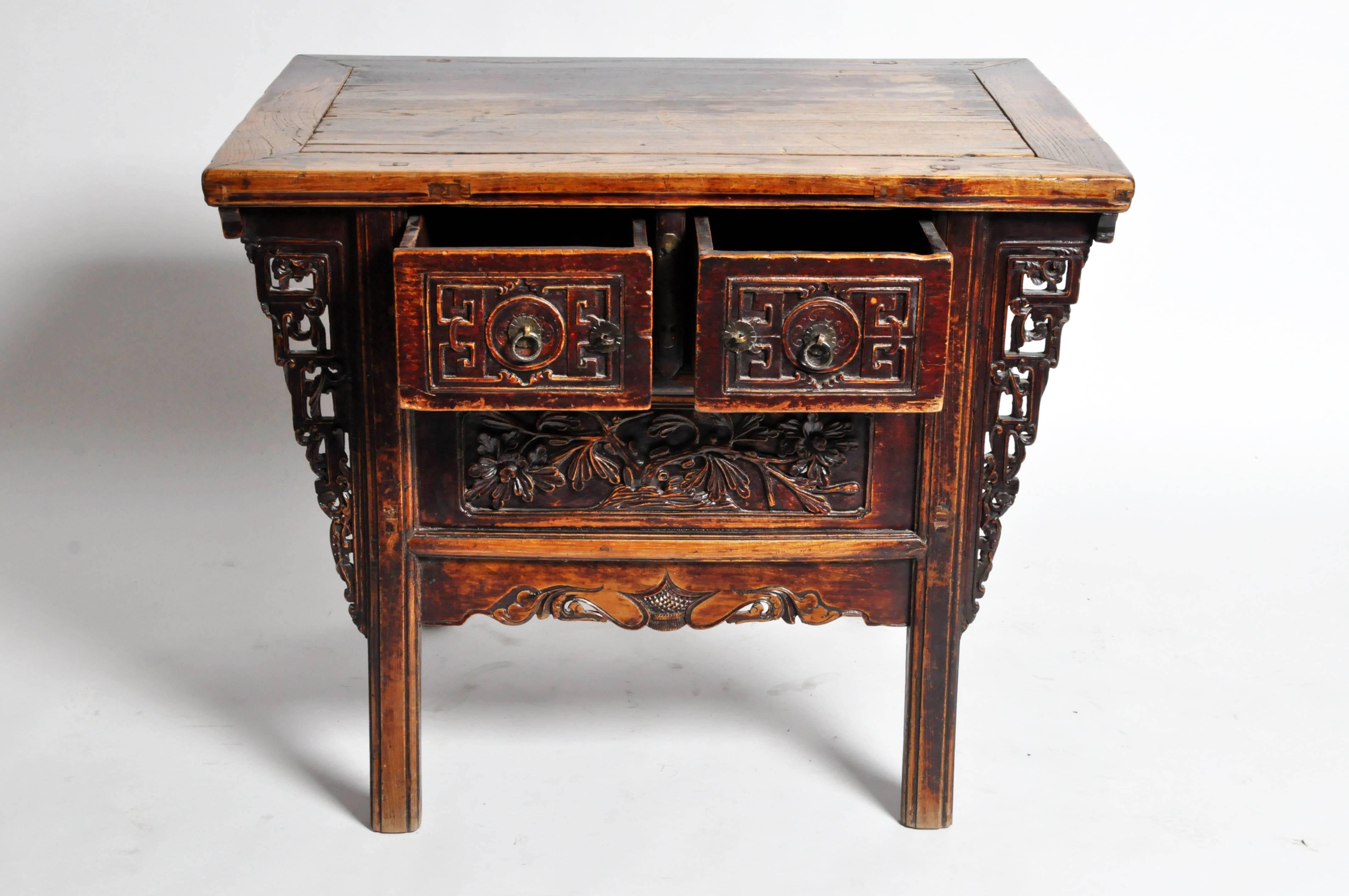 Carved Chinese Red Lacquer Two-Drawer Coffer
