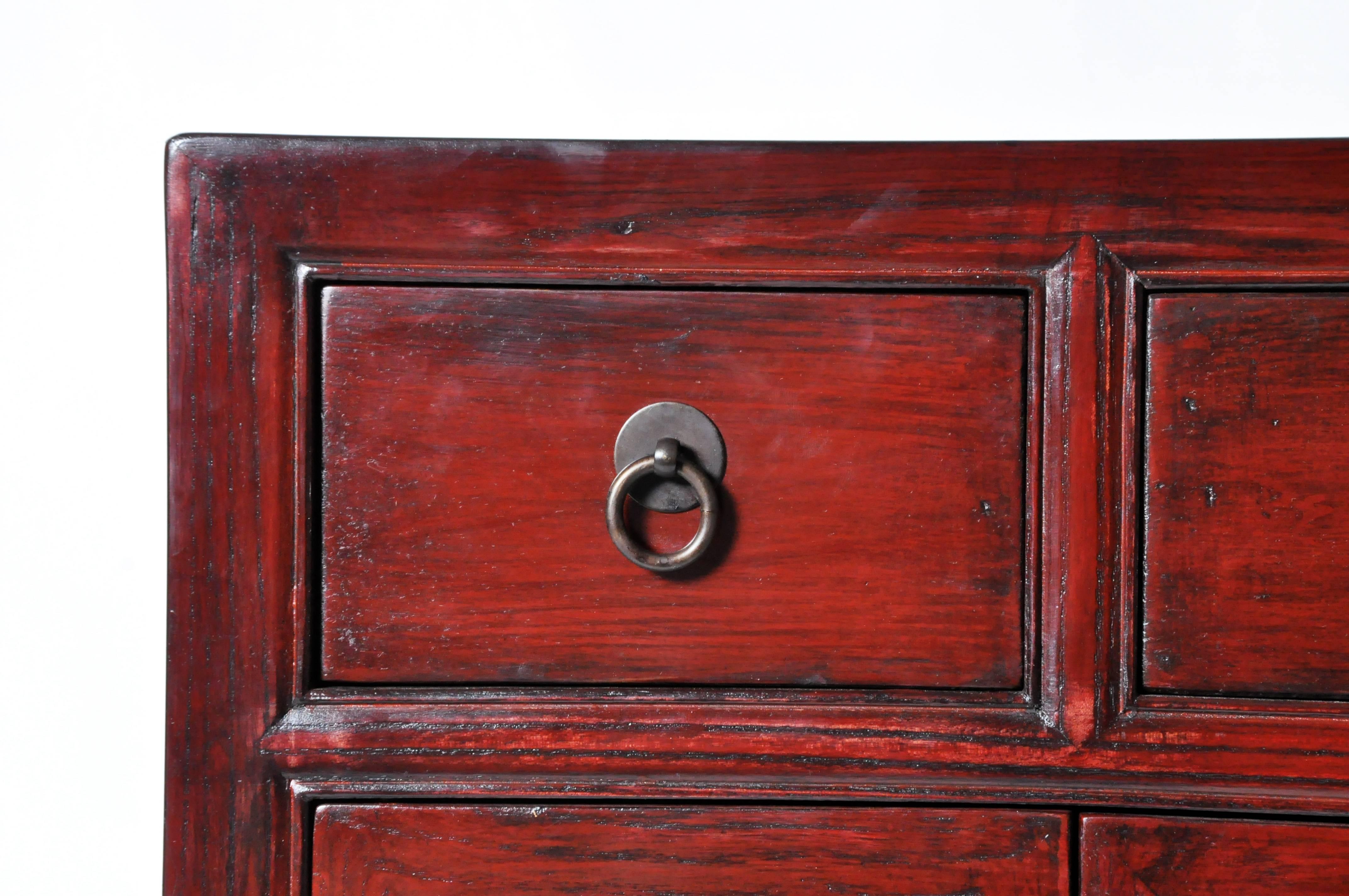 Elm Chinese Red Lacquered Side Chest with Restoration