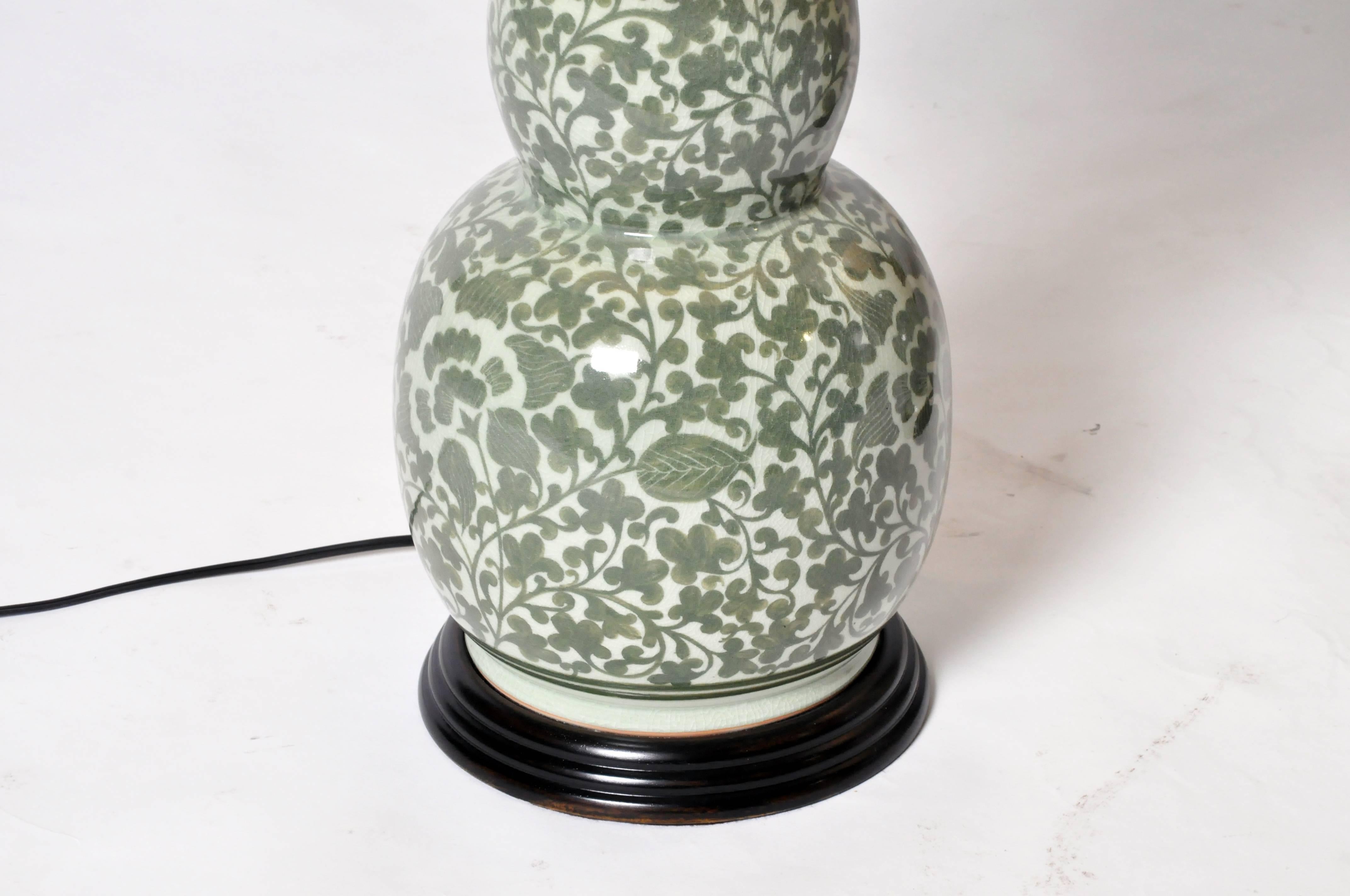 Ceramic Floral Motif Double Gourd Form Vase Table Lamp