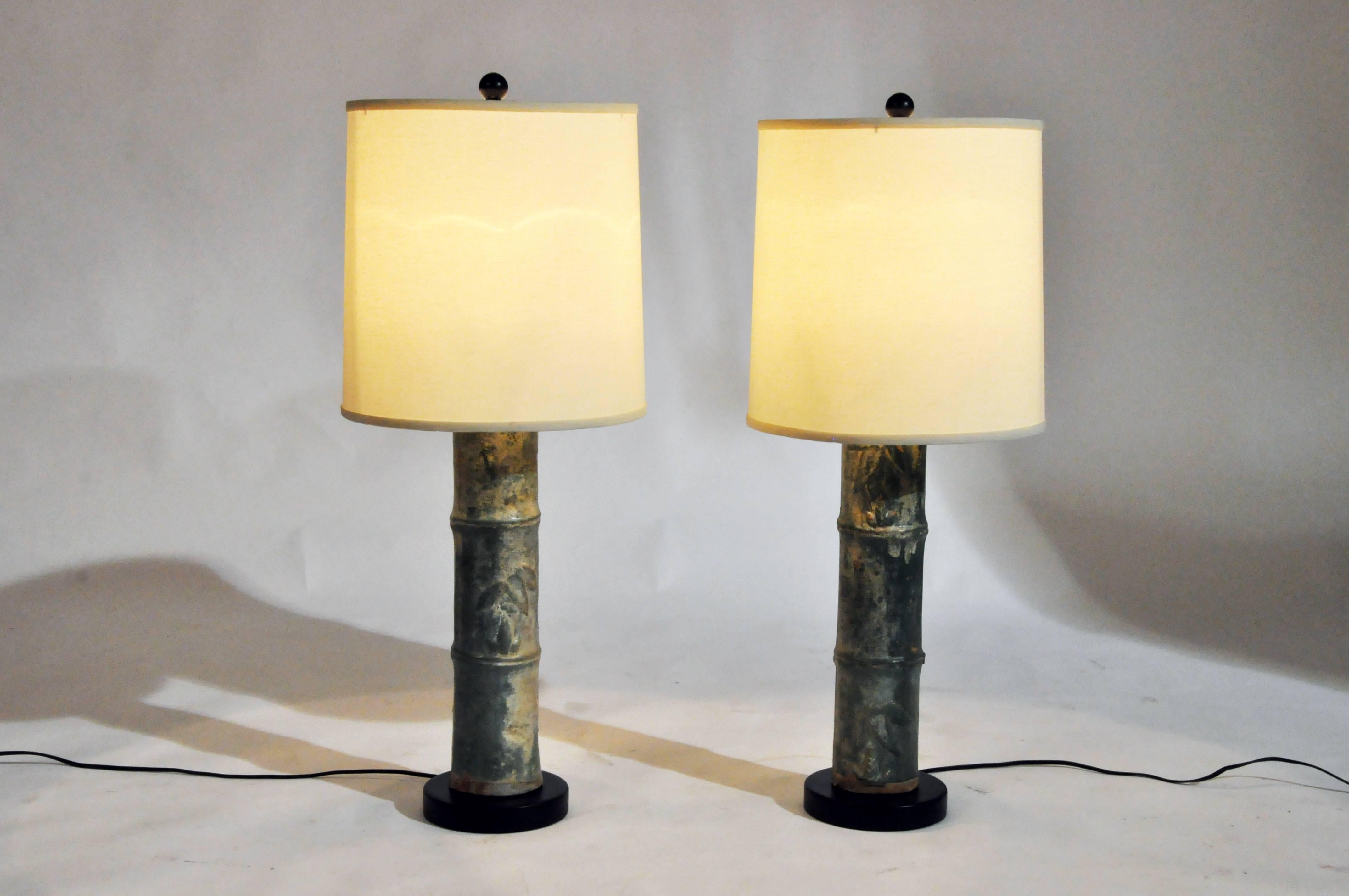 This pair of bamboo trunks is from Vietnam and they have been converted to lamps. They have been wired for use in the U.S.