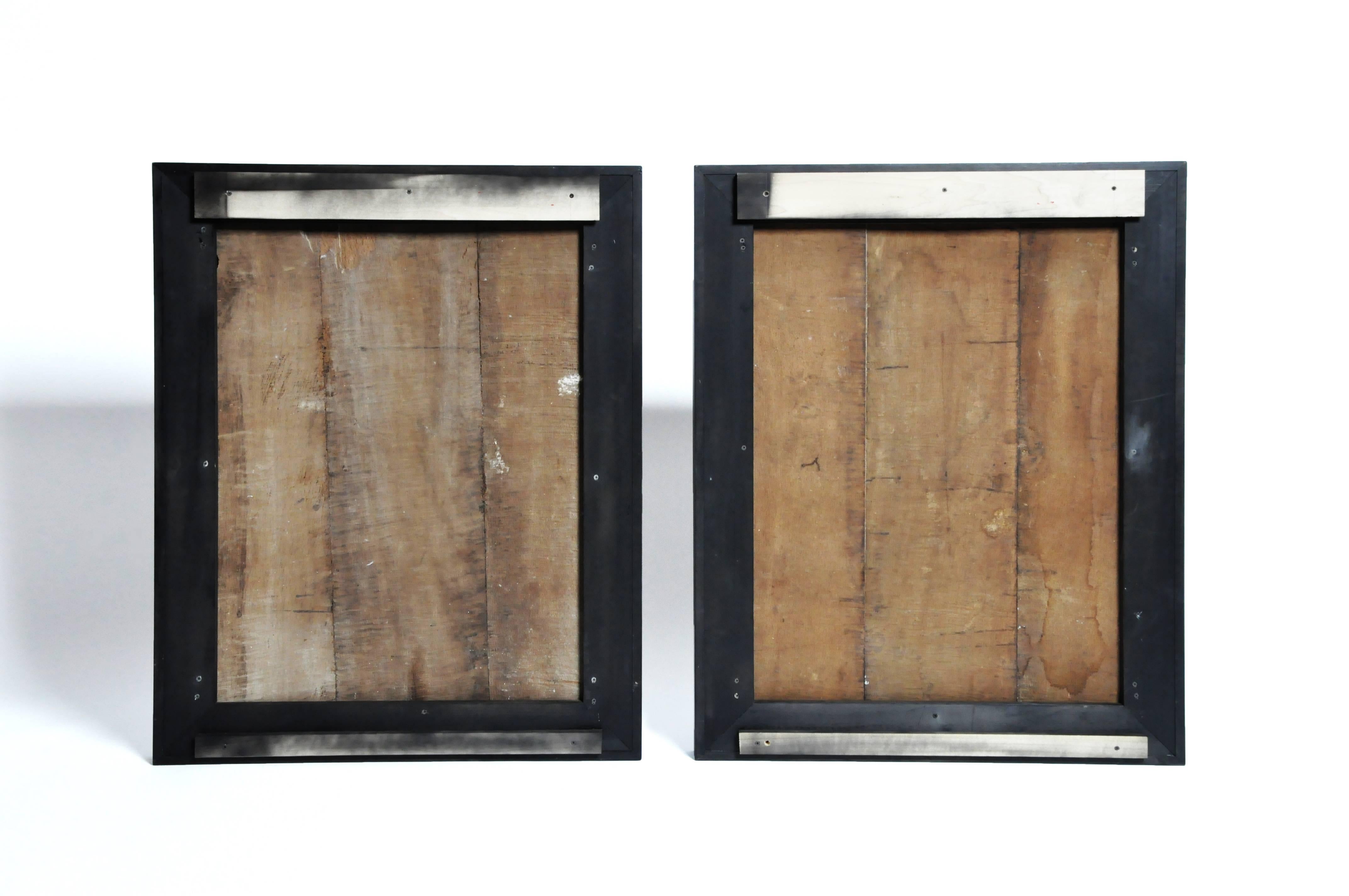 This pair of oil paintings are from a study room in Auvergn, France and are made from oak woo, circa 1700s. Pair of oil paintings on oakwood, Part of paneled 