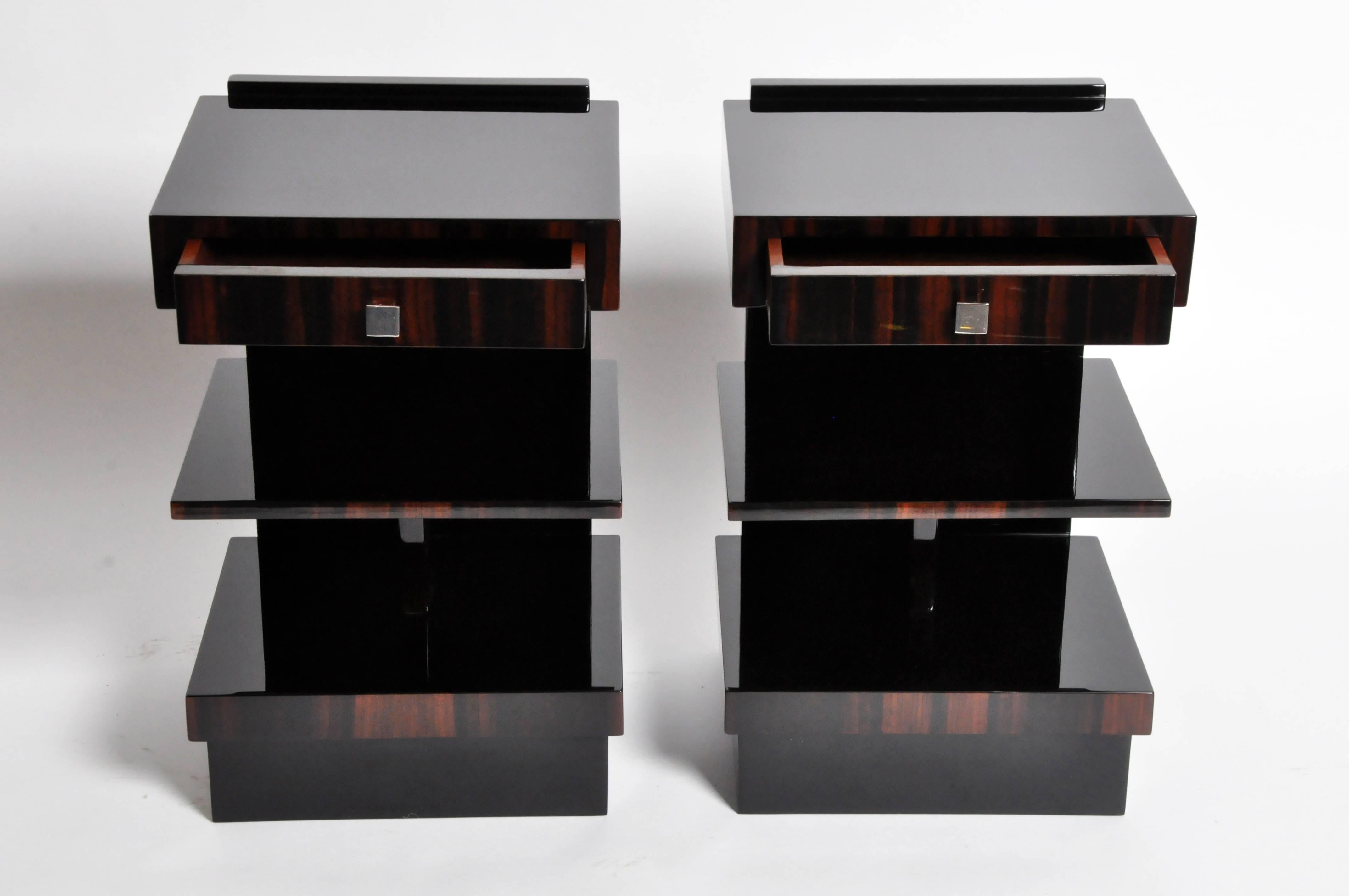 Hungarian Art Deco Style Square Side Tables with Drawers and Shelf