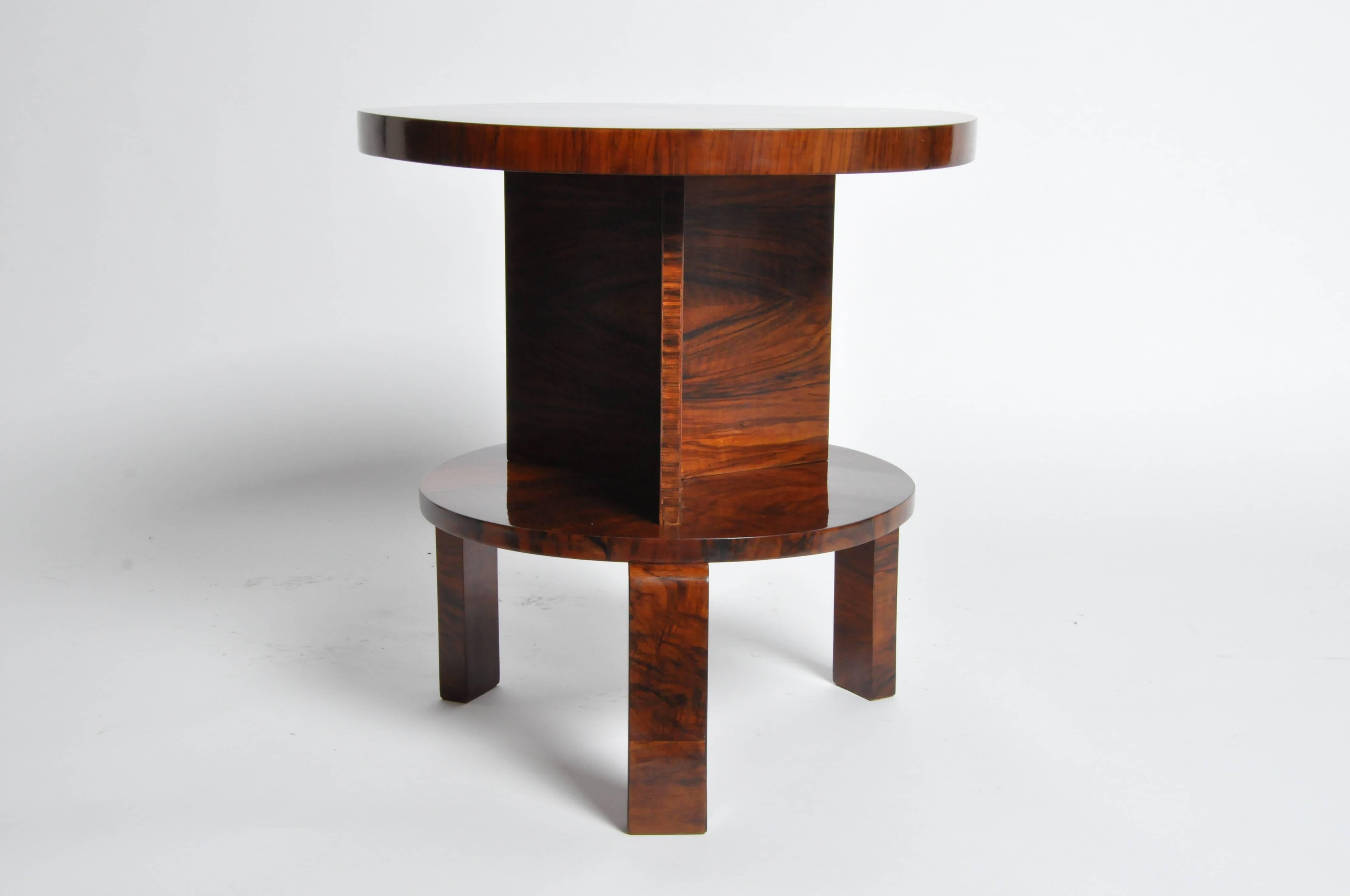 Walnut Art Deco Round Table with Shelf