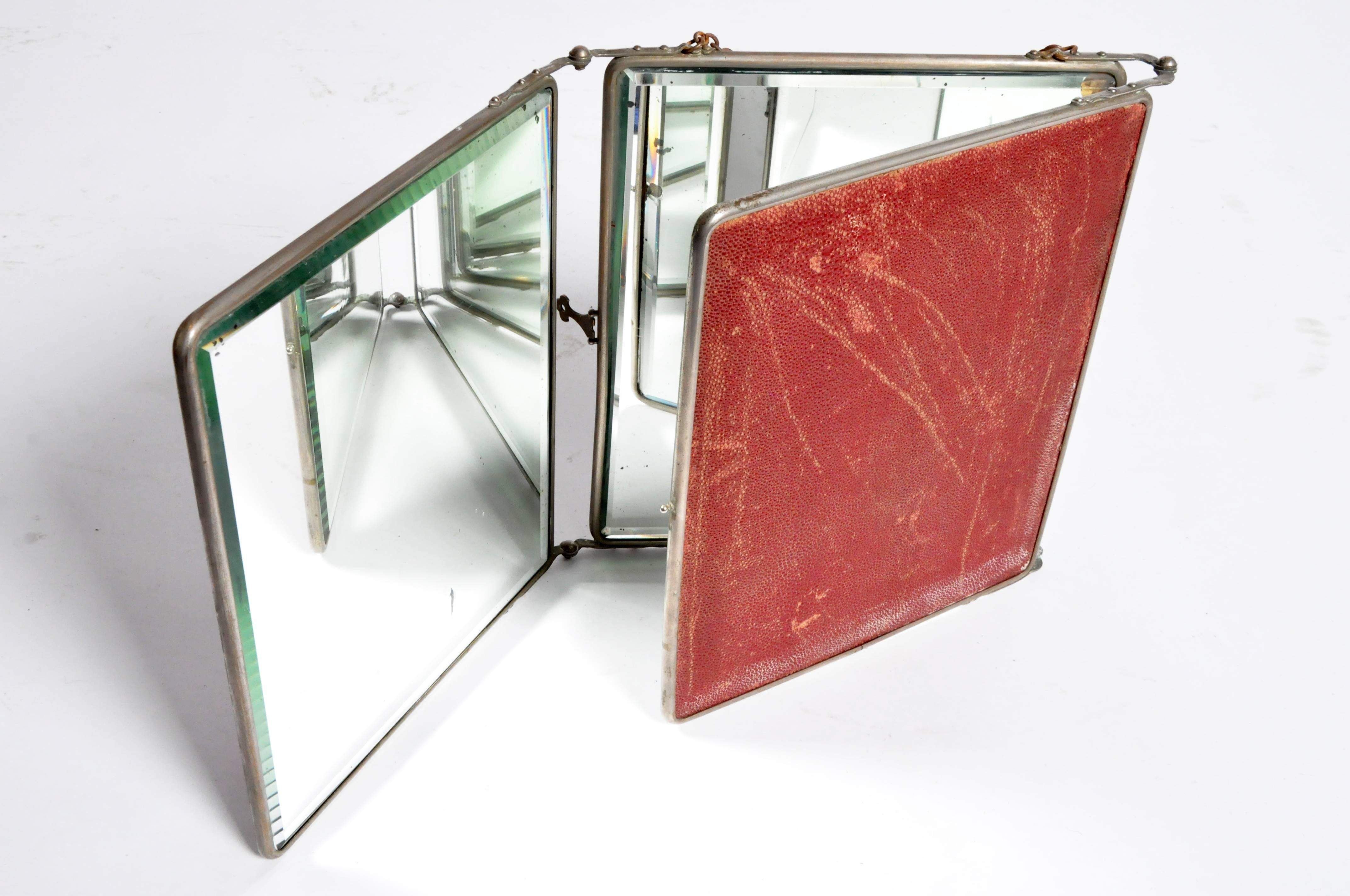 20th Century Folding Travel Mirror with Leather Cover For Sale