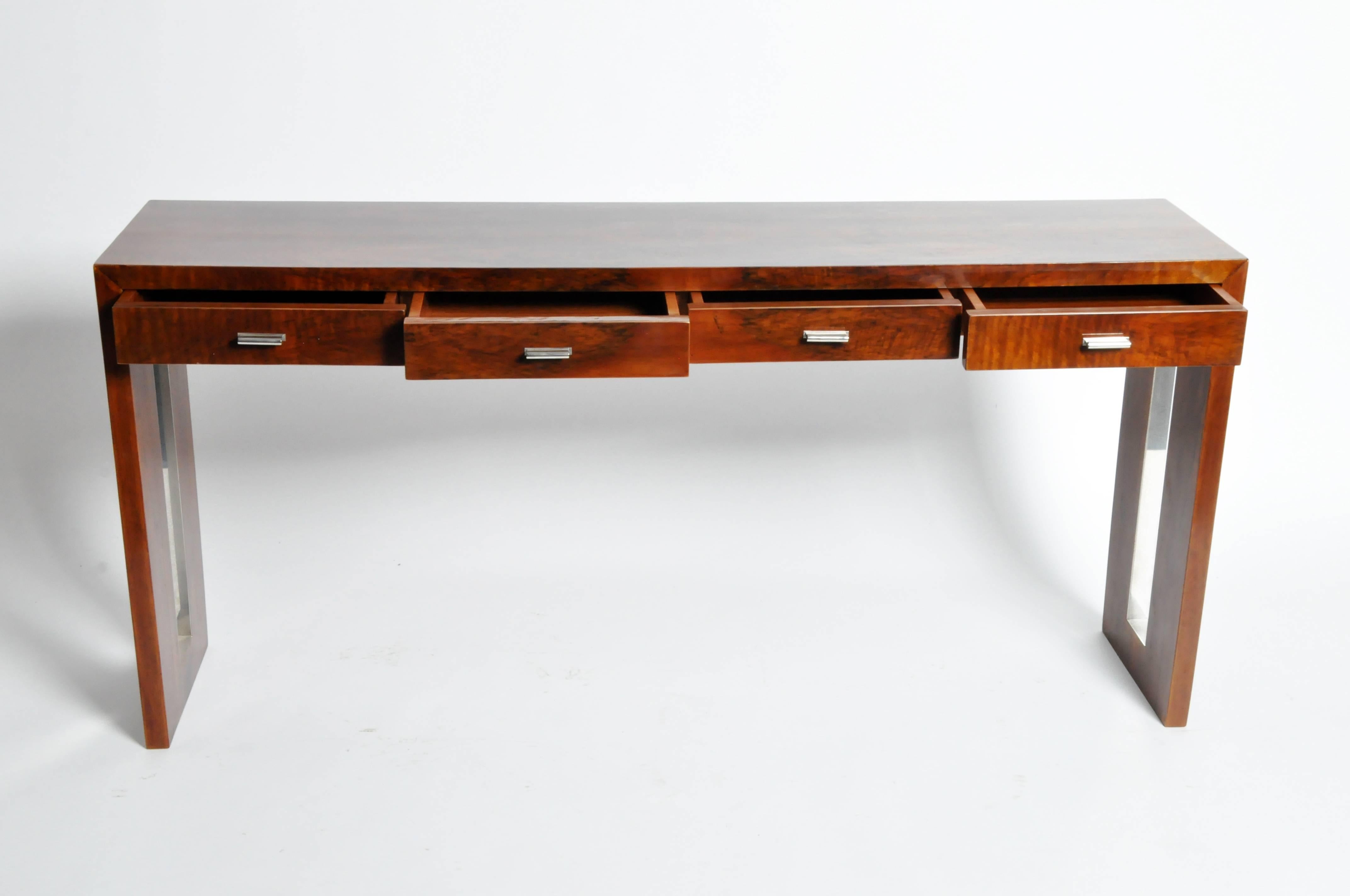 Art Deco Four-Drawer Console Table with Metal Inlay