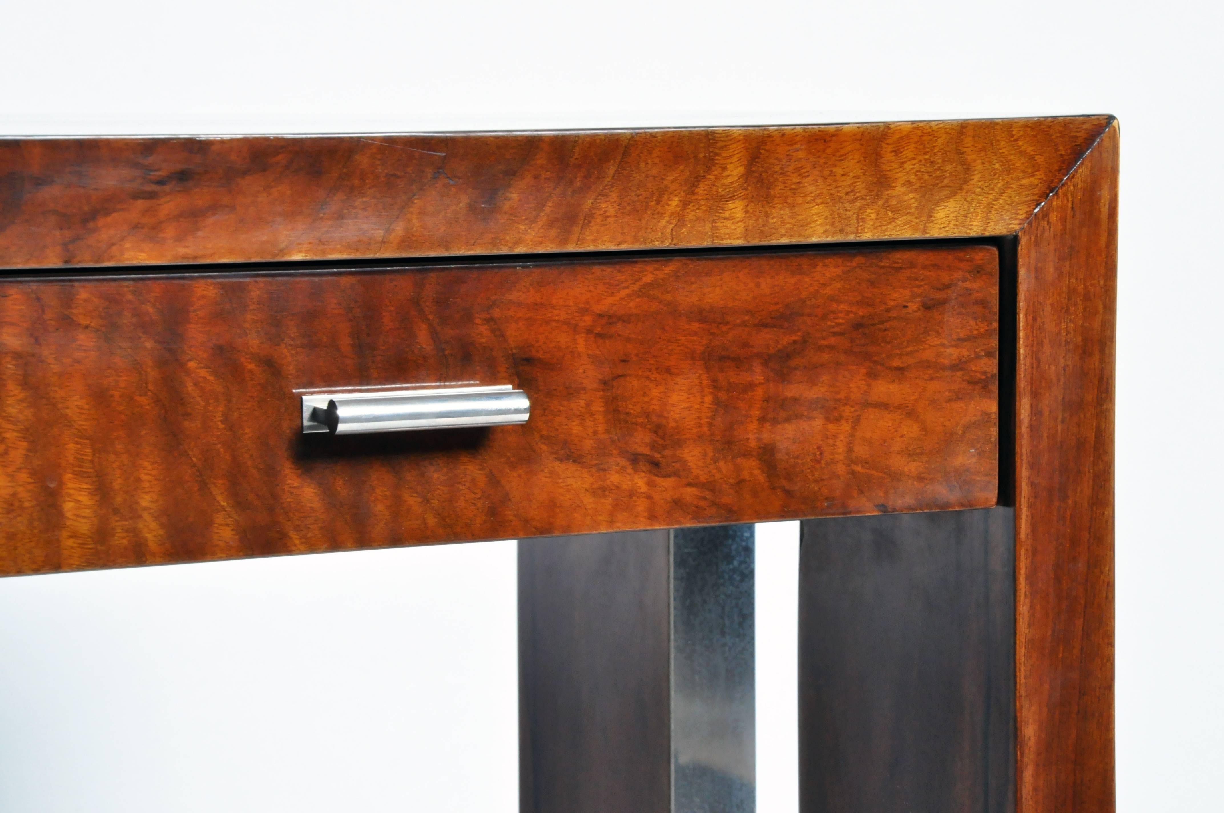 Mid-20th Century Four-Drawer Console Table with Metal Inlay