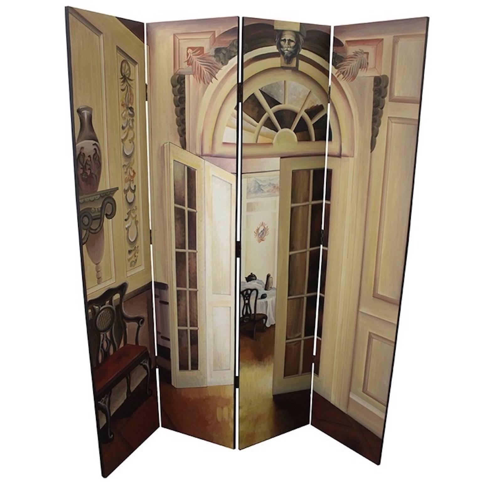 Seven foot tall six foot wide hand-painted four-panel room screen. This trompe-l'oei l screen is painted with imagery of a foyer peeking through glass paned doors into a still life room with architectural elements and classical furnishings. The back