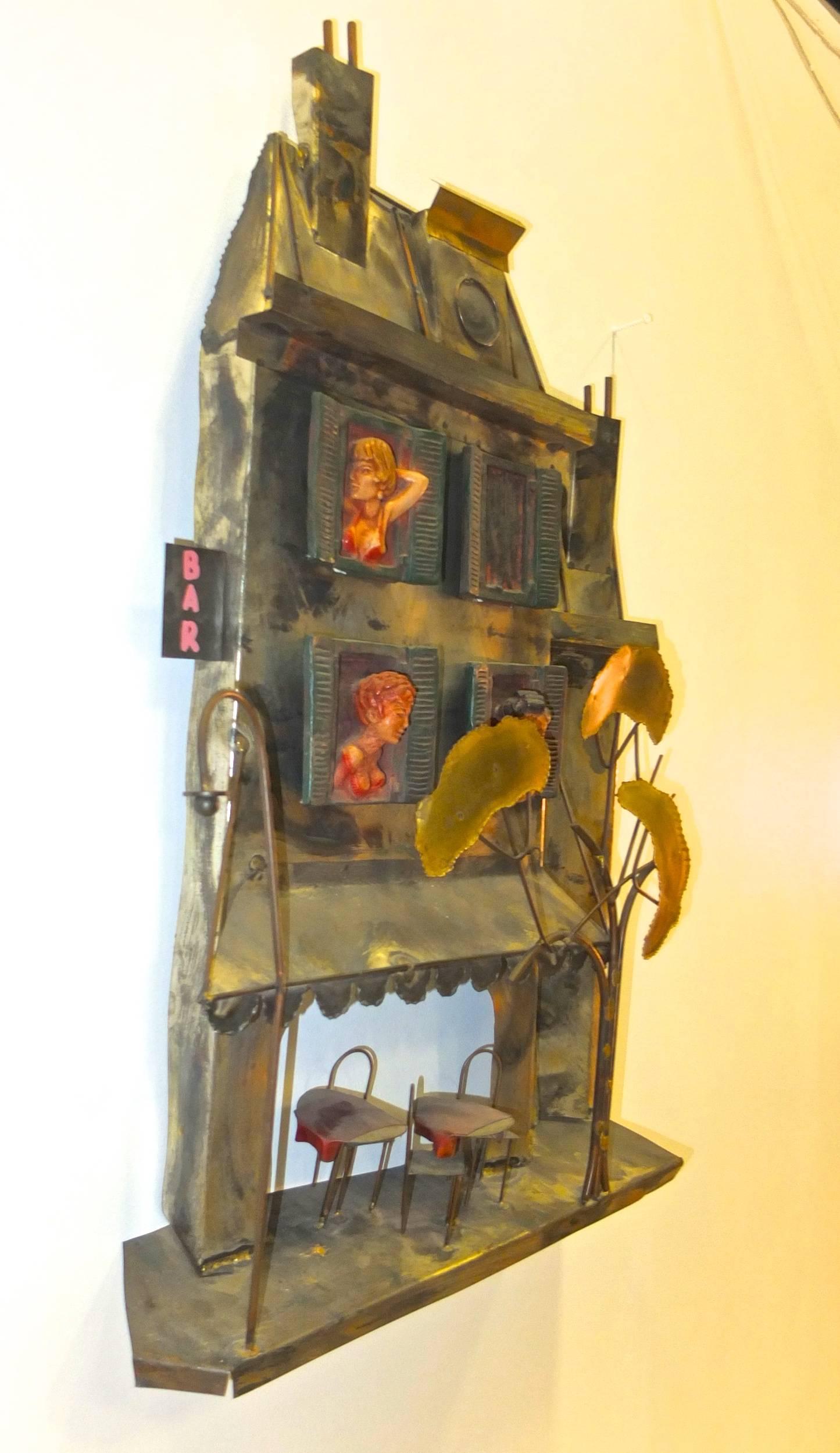 Brothel Wall Mounted Metal Sculpture in Style of Curtis Jere In Good Condition For Sale In Hanover, MA