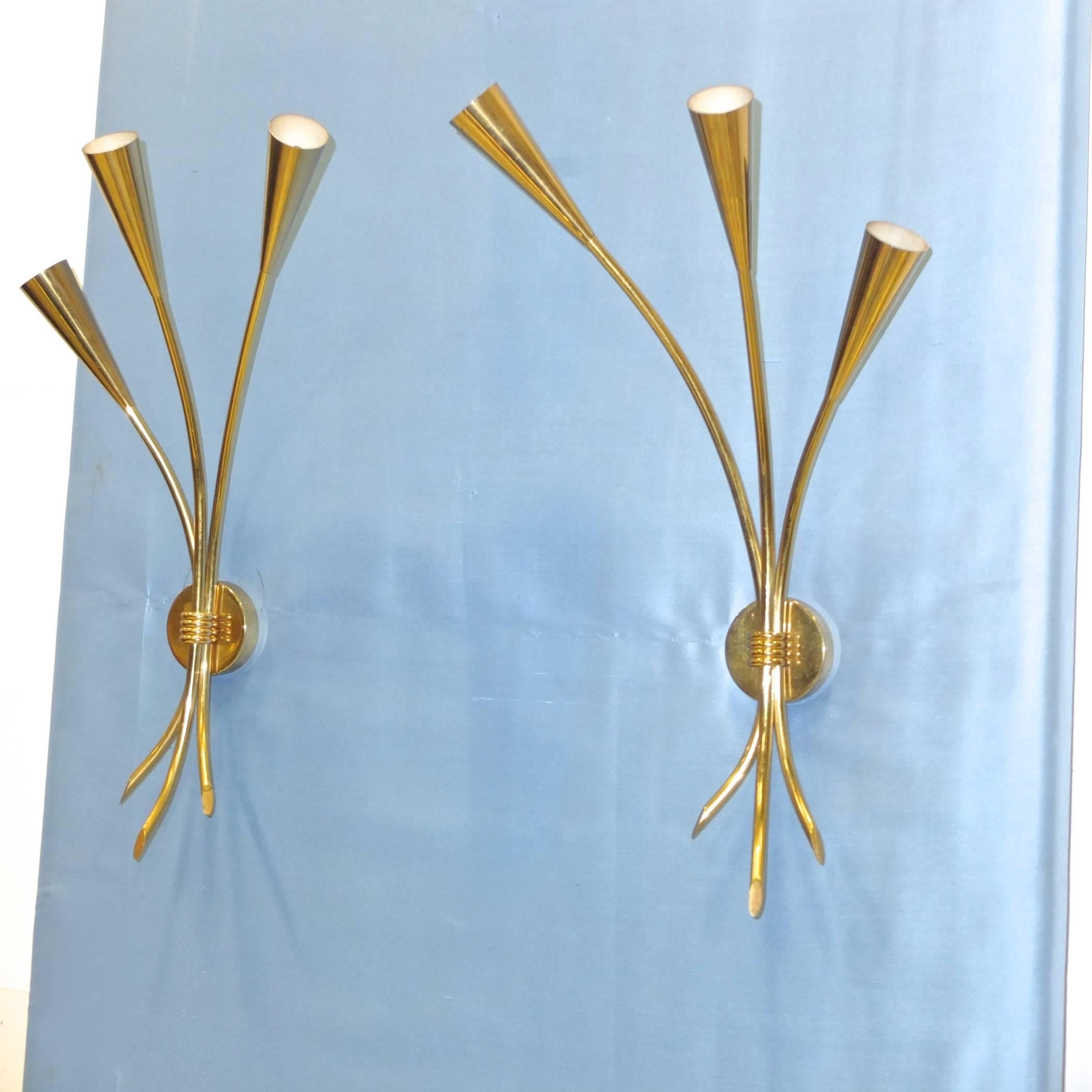 Pair of Brass Three-Arm Sconces by Lunel In Excellent Condition For Sale In Hanover, MA