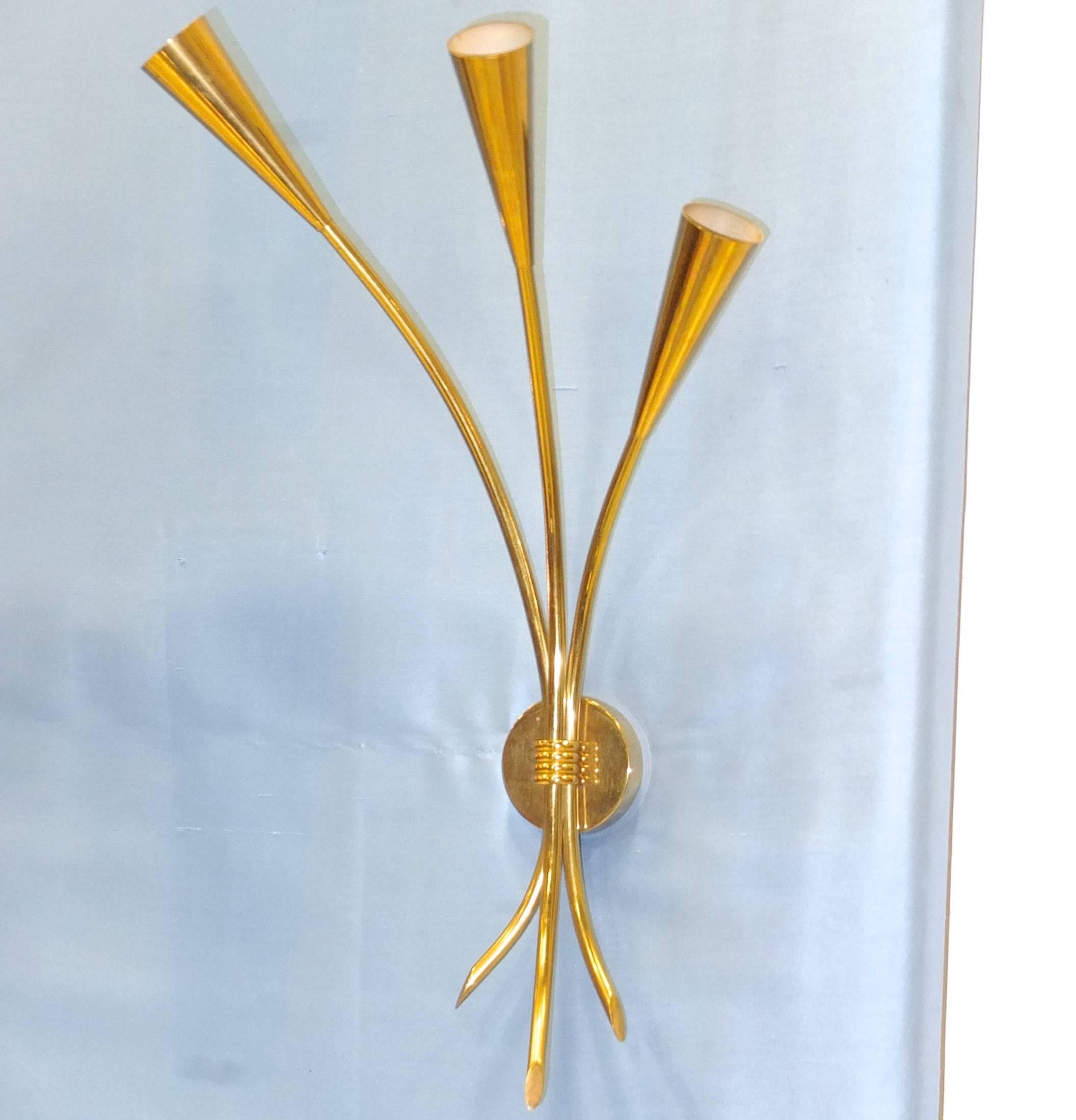 Mid-Century Modern Pair of Brass Three-Arm Sconces by Lunel For Sale