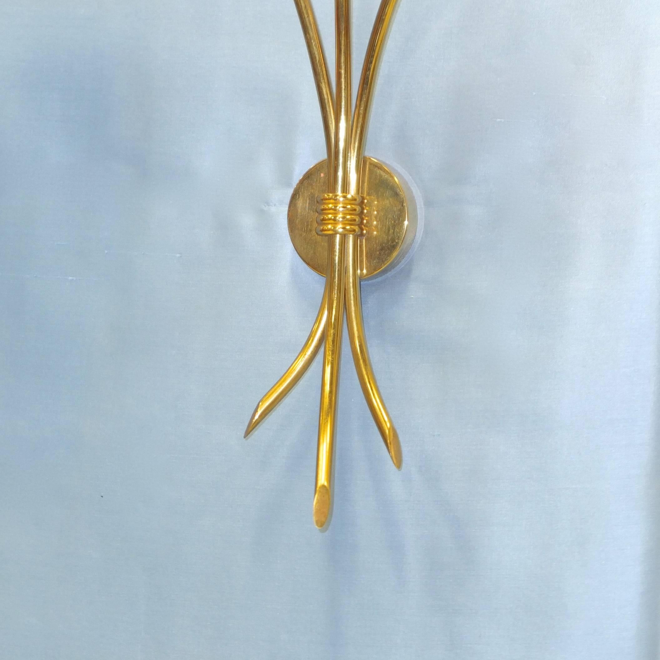 Mid-20th Century Pair of Brass Three-Arm Sconces by Lunel For Sale