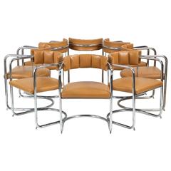 Eight Mid-Century Modern Chromed Tubular and Leather Dining Chairs 