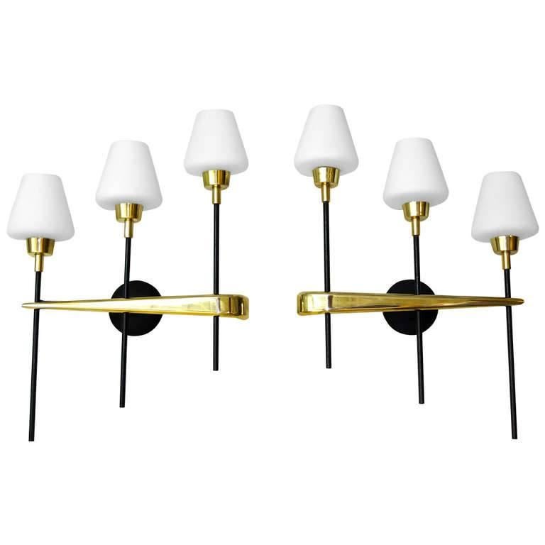 Pair of Brass and Iron Two-Light Sconces by Arlus 2