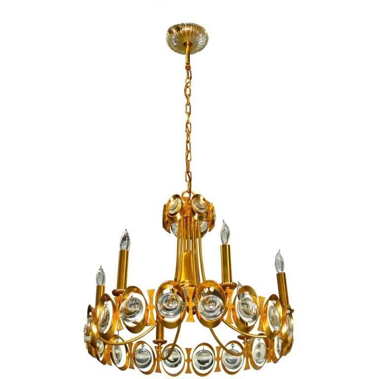 Palwa Gilt Brass and Optic Lens Crystal Chandelier For Sale