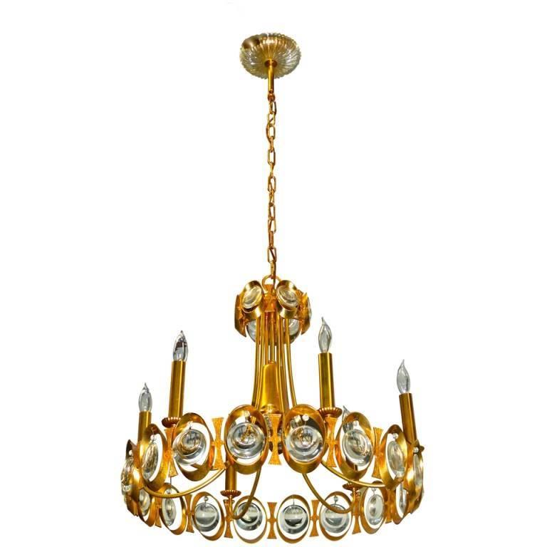 Lampadario Palwa in ottone dorato e cristallo a lente ottica in vendita