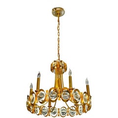 Retro Palwa Gilt Brass and Optic Lens Crystal Chandelier