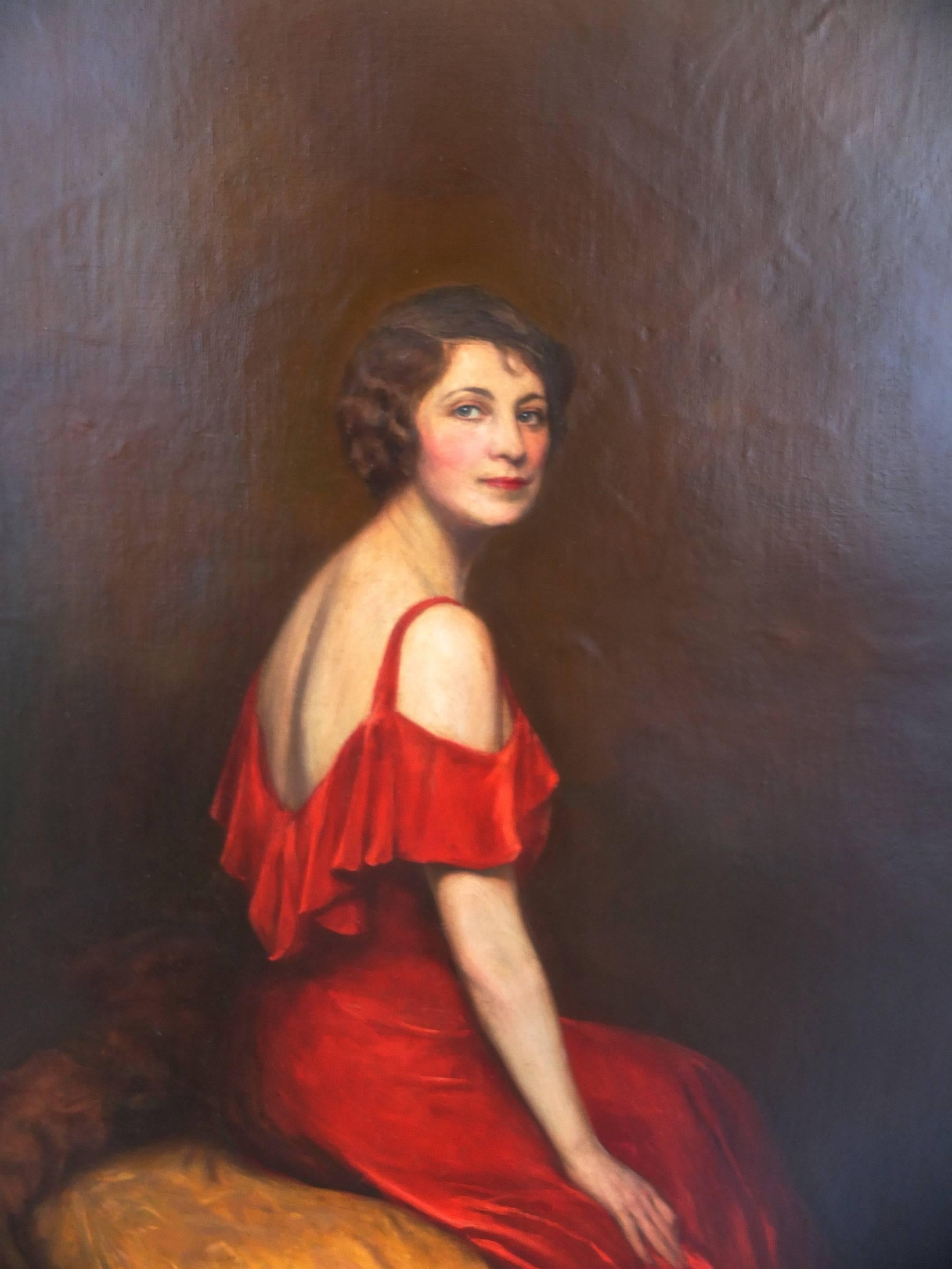 Large stunning portrait of a beautiful seated woman in a red dress framed in a period carved giiltwood frame.

Signed upper right R. Hinton Perry.  Dated indistinctly 1931 or 1939.

Roland Hinton Perry (1870-1941) was a sculptor and painter