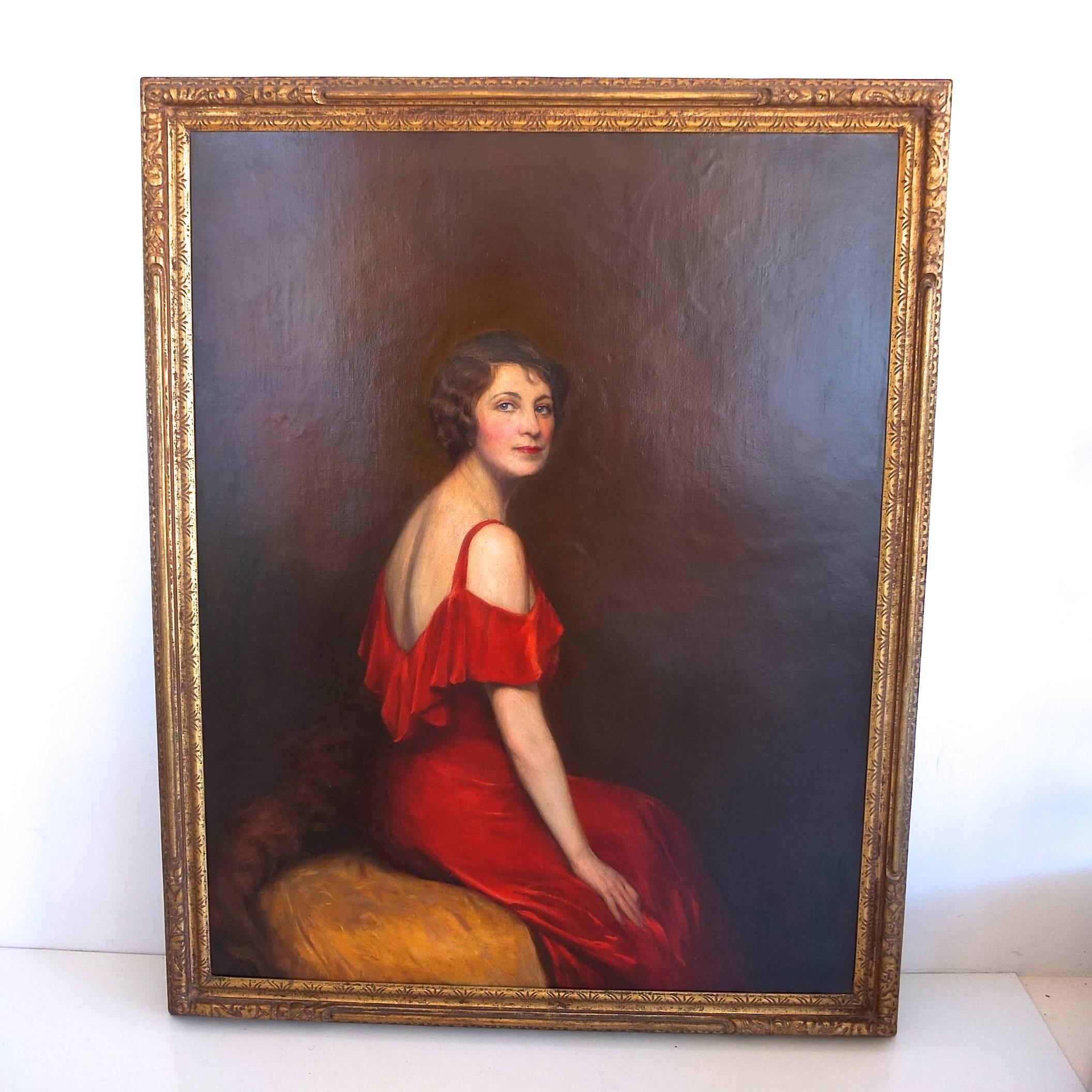 Roland Hinton Perry Portrait of a Lady in Red, 1931 In Excellent Condition For Sale In Hanover, MA