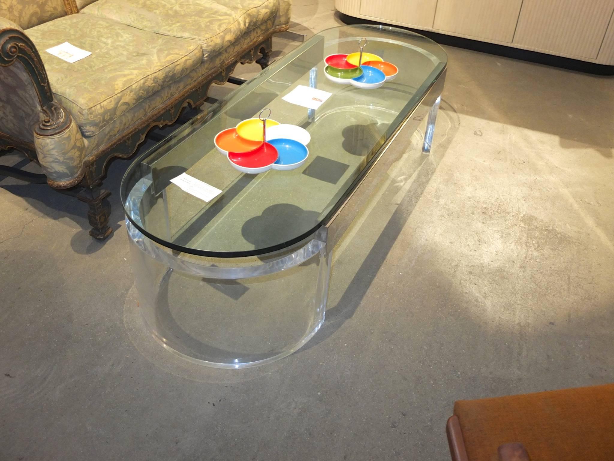 Raymond Jurado 1970's Lucite, Chrome and Glass Racetrack Cocktail Table In Excellent Condition In Hanover, MA