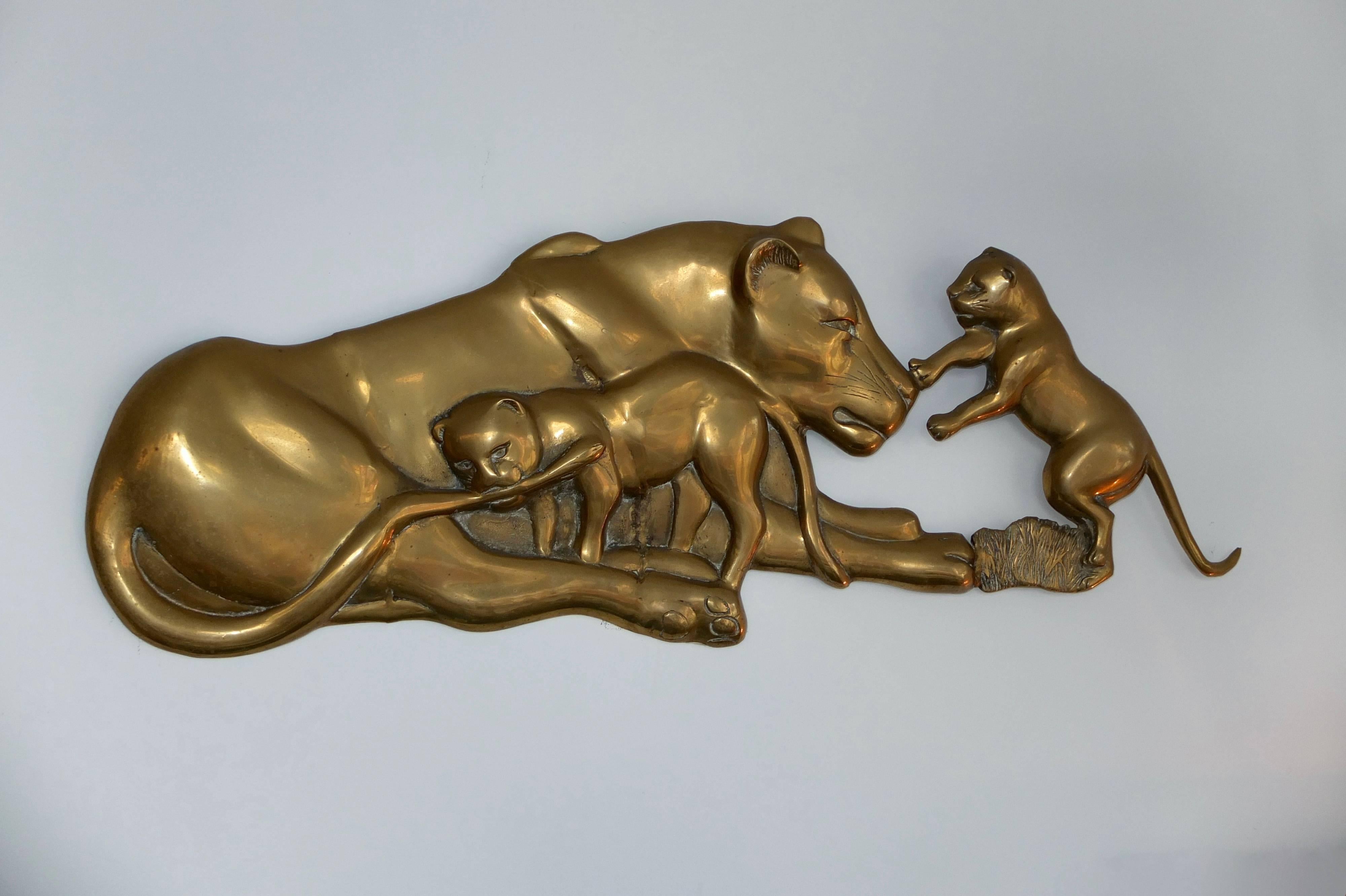 Cast Brass Relief of Lioness with Two Cubs Wall Mounted Sculpture In Excellent Condition In Hanover, MA