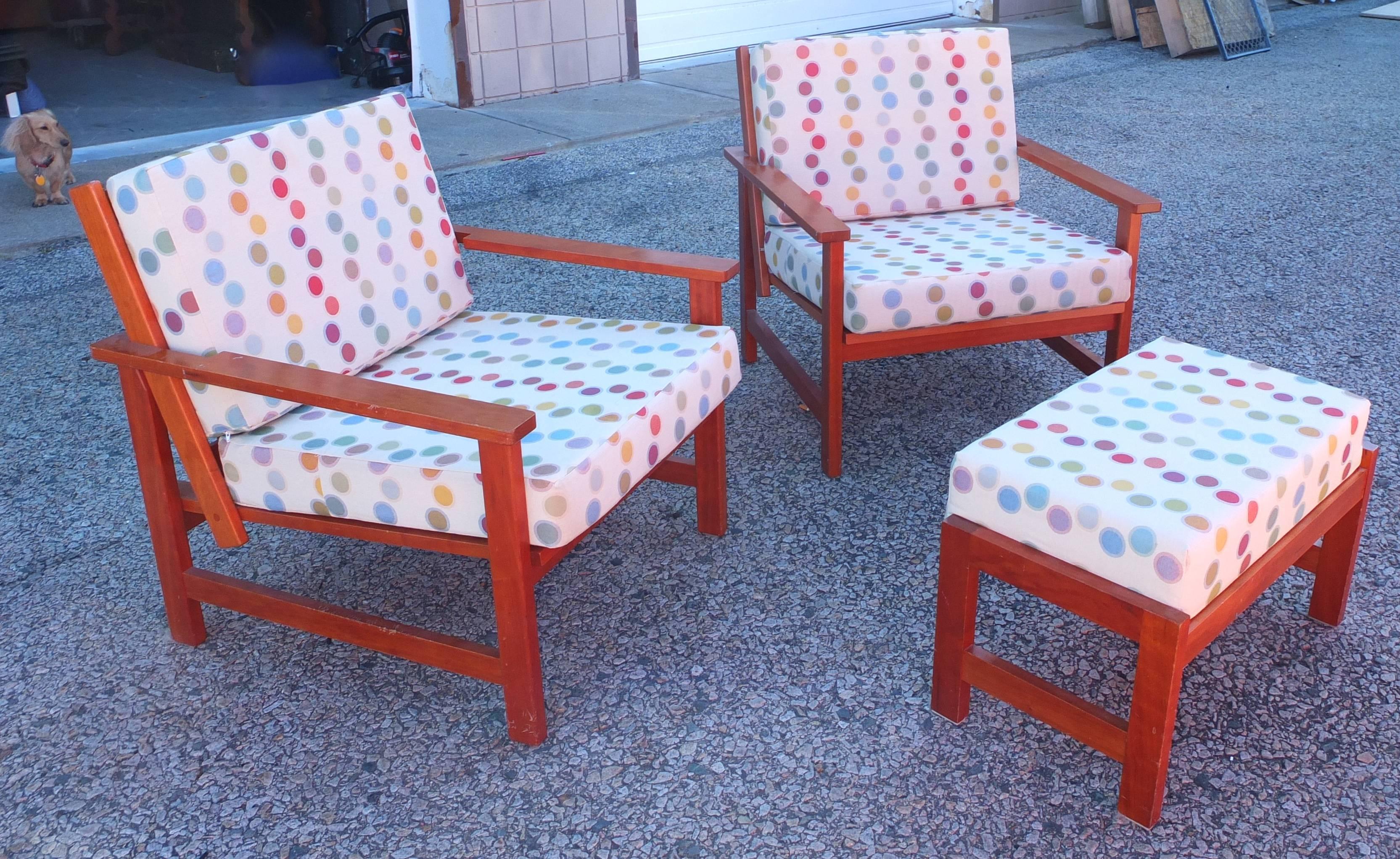 Mid-Century Modern Charles Webb Pair of Cherry Lounge Chairs and Ottoman