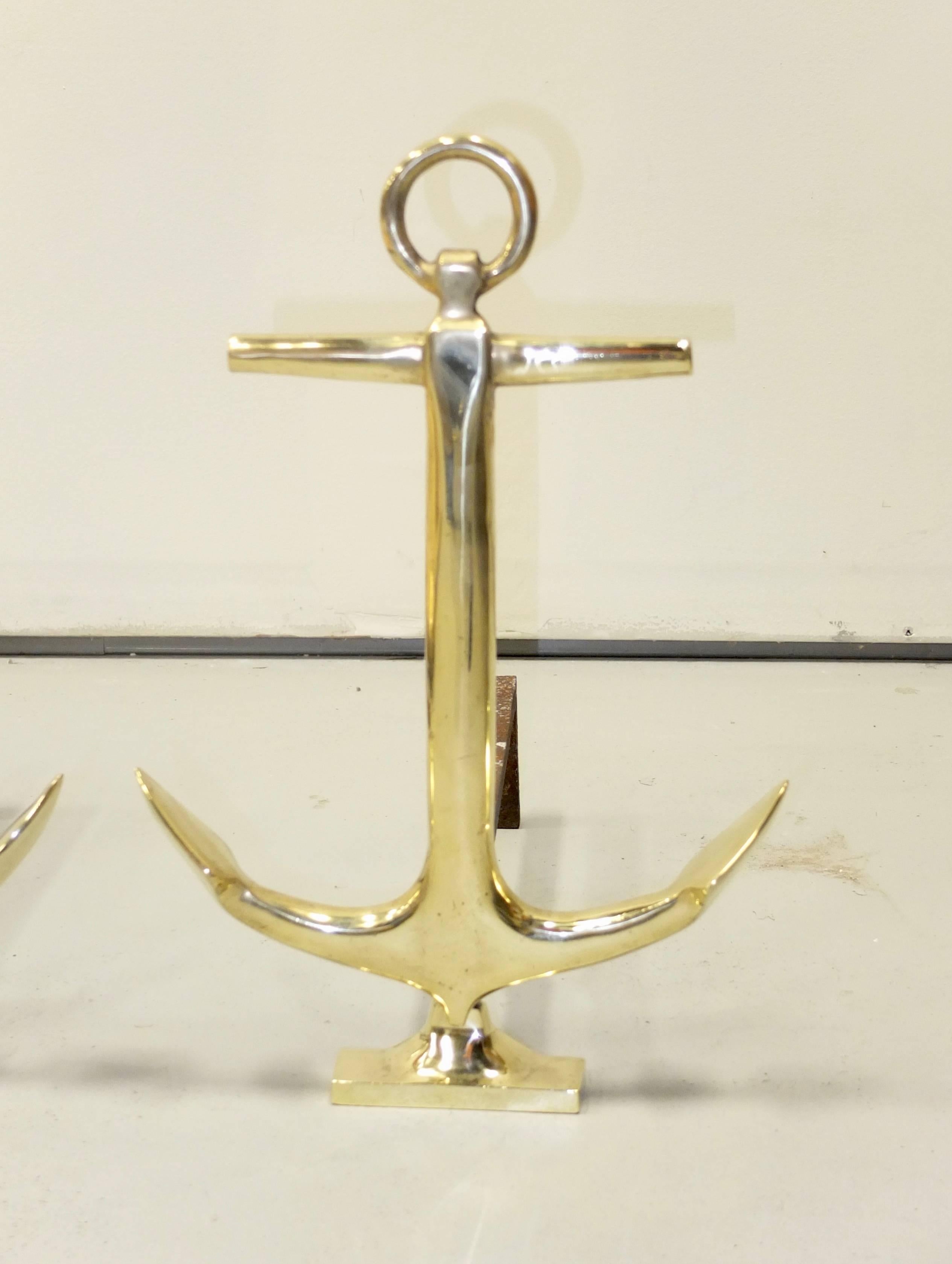 Pair of Brass Anchor Andirons In Excellent Condition In Hanover, MA