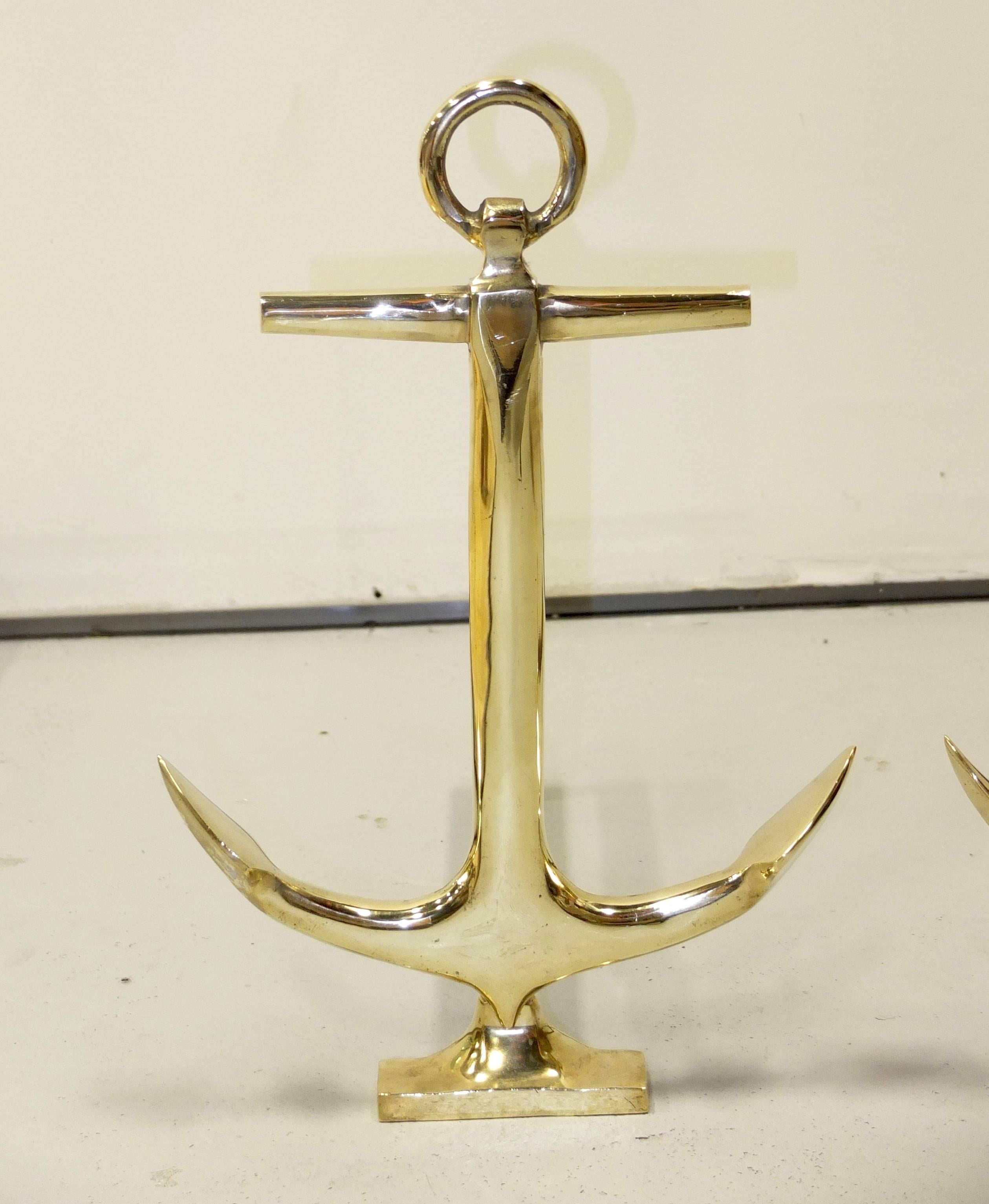 Mid-20th Century Pair of Brass Anchor Andirons