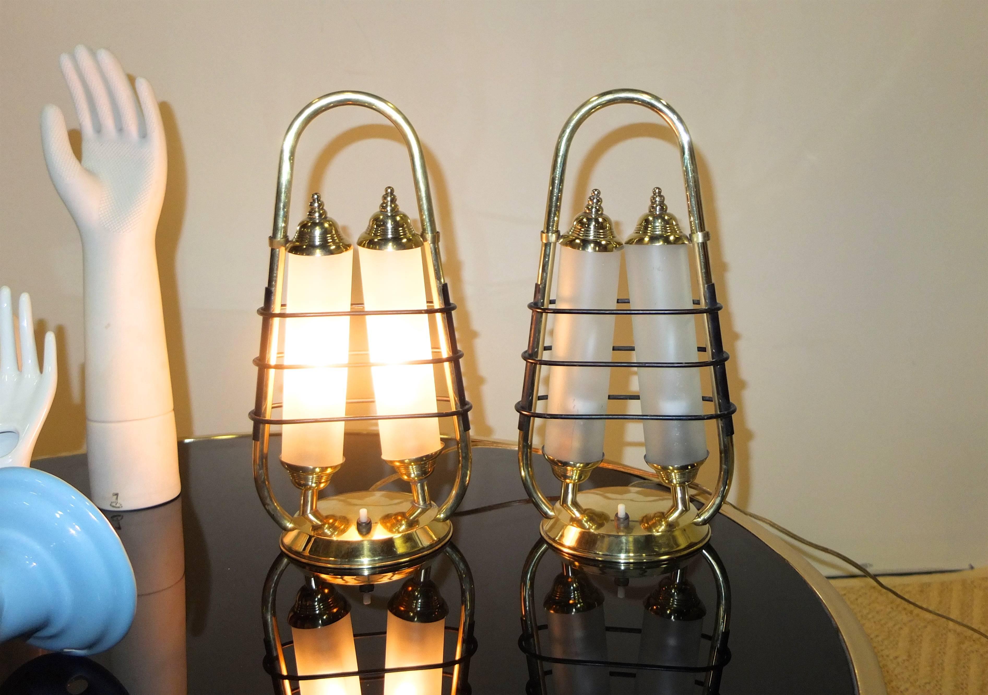 Pair of 1950s Italian Brass Table Lanterns In Excellent Condition For Sale In Hanover, MA