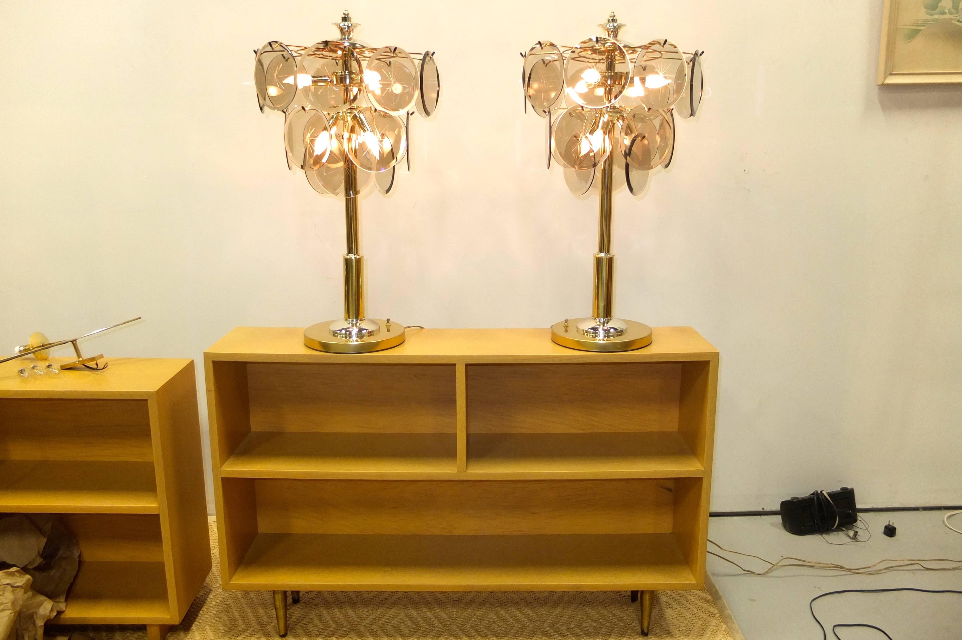 Late 20th Century Pair of Brass, Chrome and Smoked Glass Lamps After Vistosi For Sale