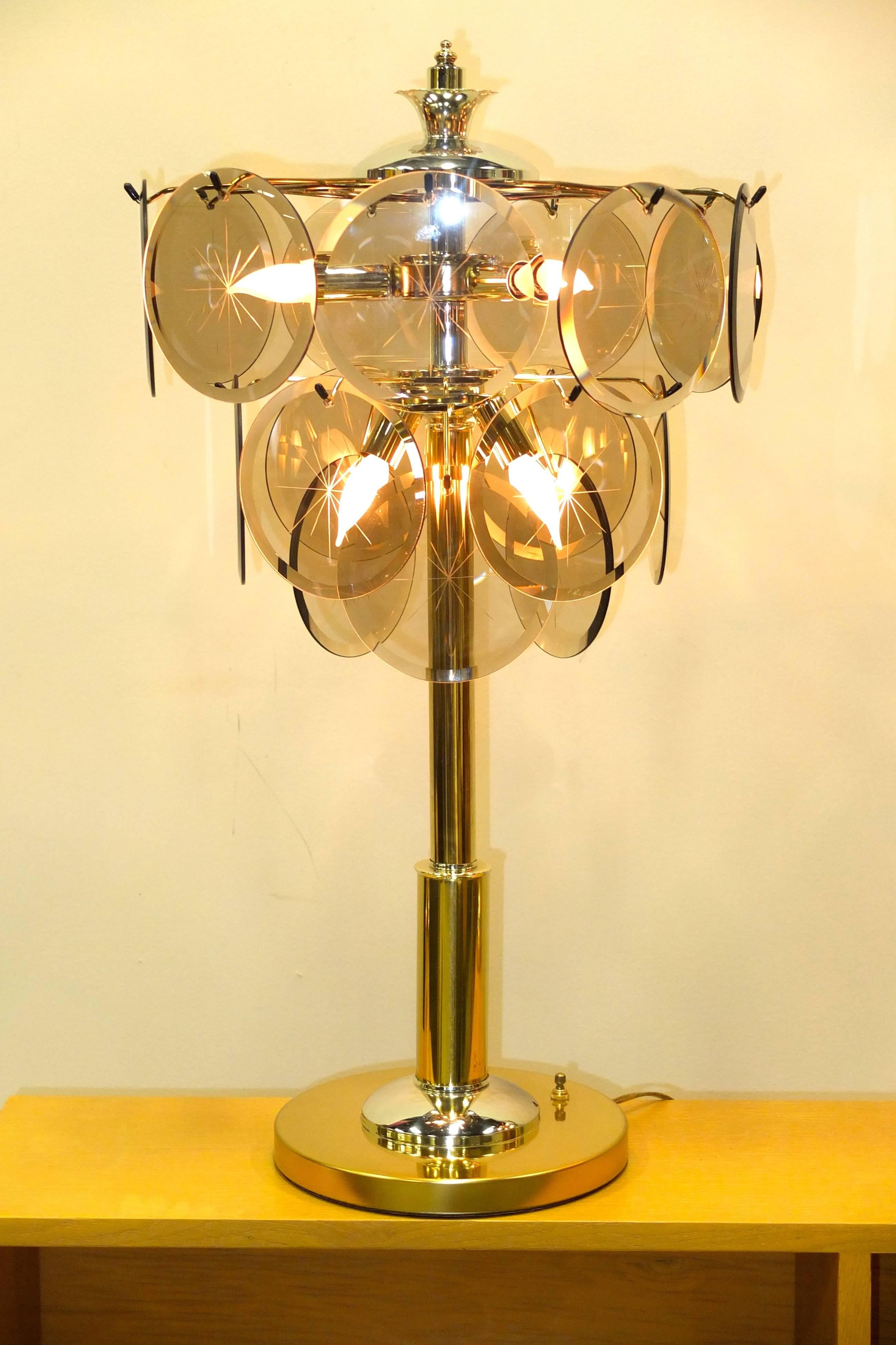 Pair of Brass, Chrome and Smoked Glass Lamps After Vistosi In Excellent Condition For Sale In Hanover, MA