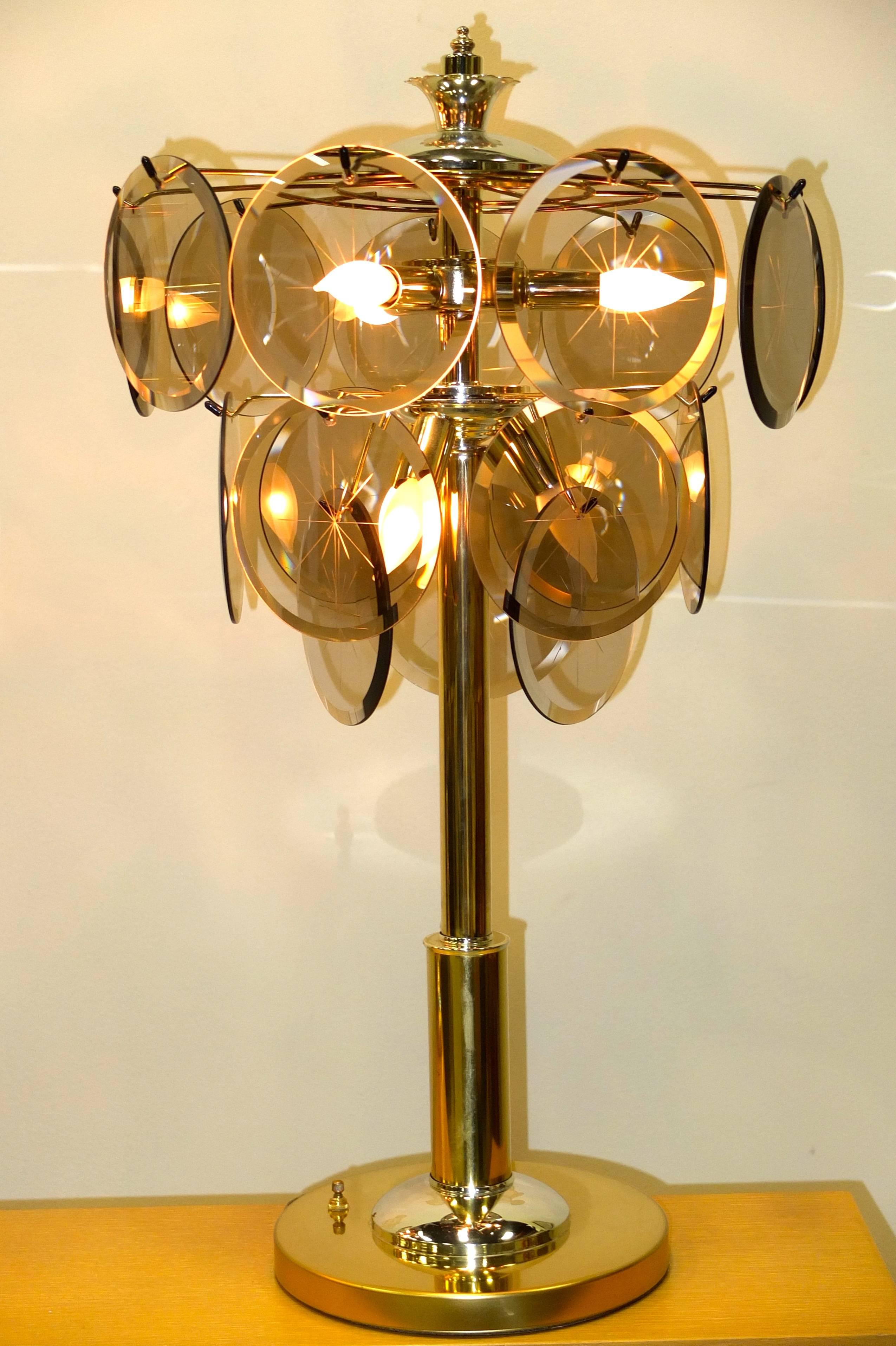 Pair of Brass, Chrome and Smoked Glass Lamps After Vistosi For Sale 1